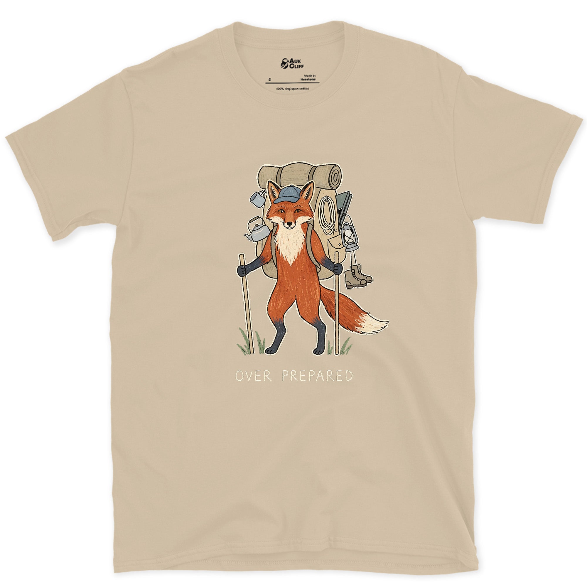 Packed for Every Scenario, Fox Hiker design on a Sand Gildan Softstyle t-shirt