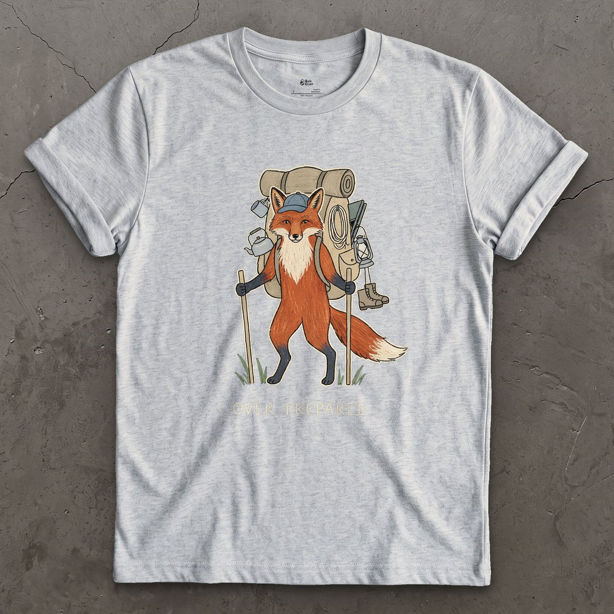 Packed for Every Scenario, Fox Hiker design on a Sport Grey Gildan Softstyle t-shirt