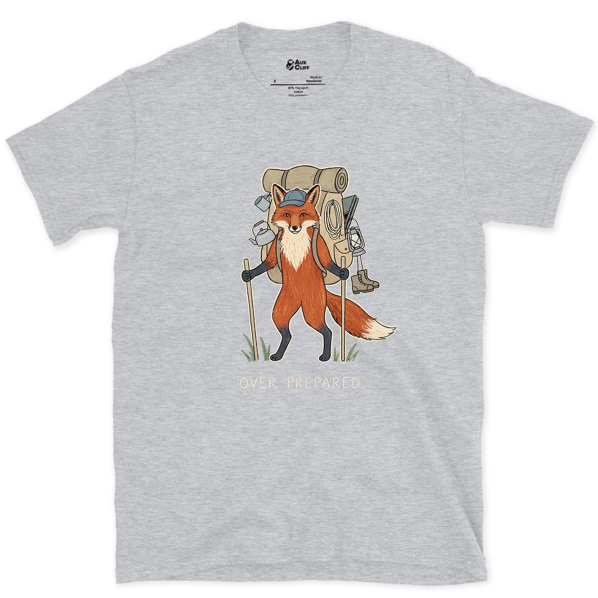 Packed for Every Scenario, Fox Hiker design on a Sport Grey Gildan Softstyle t-shirt