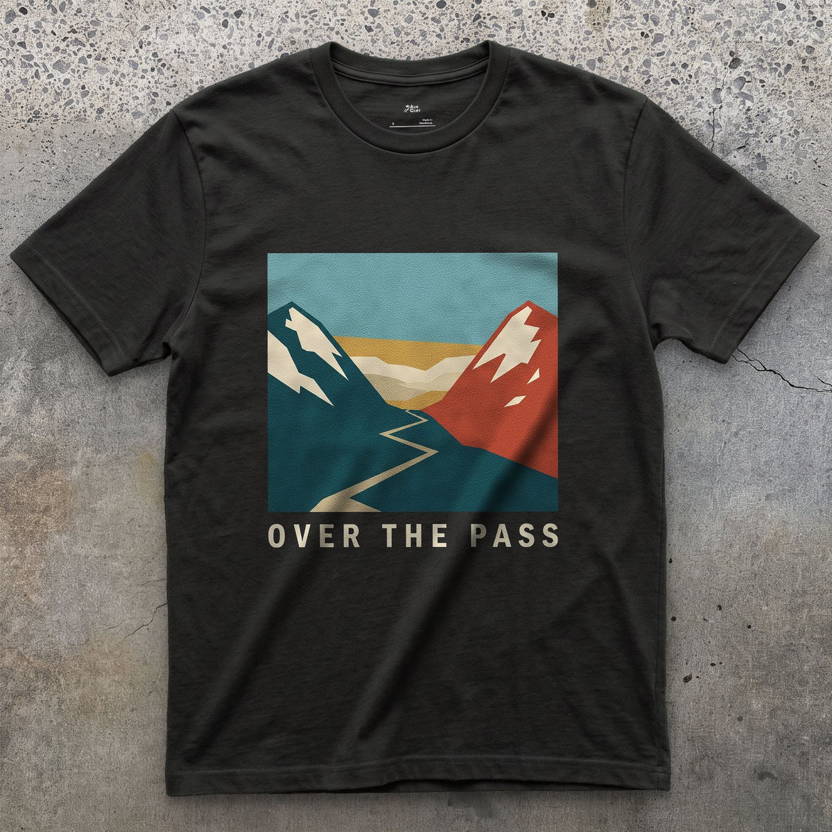 Over the Pass, Red Peaks and Blue design on a Black Gildan Softstyle t-shirt