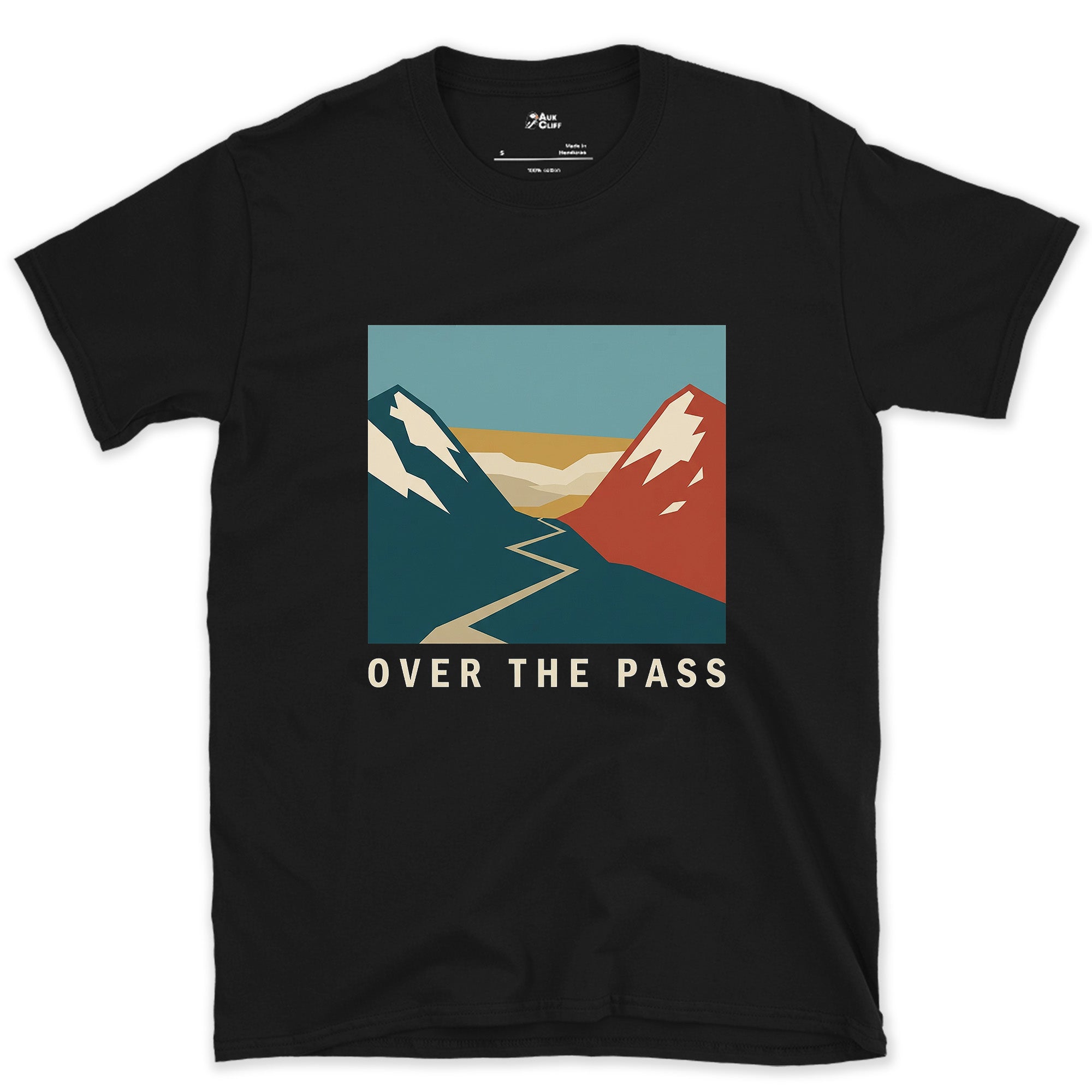 Over the Pass, Red Peaks and Blue design on a Black Gildan Softstyle t-shirt