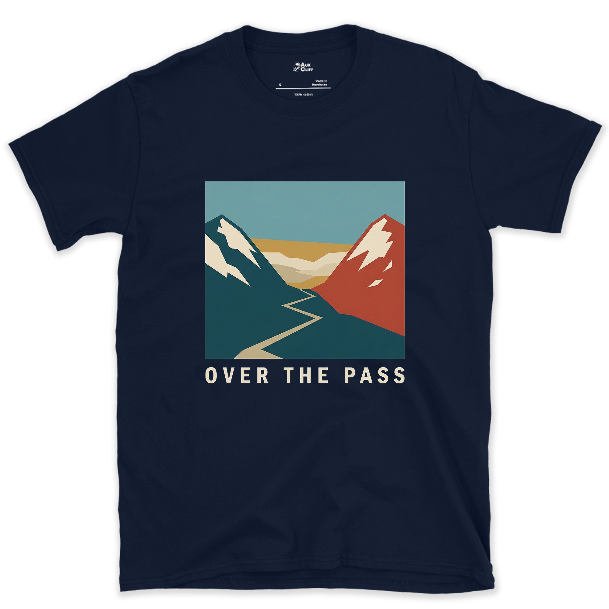 Over the Pass, Red Peaks and Blue design on a Navy Gildan Softstyle t-shirt