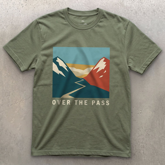 Over the Pass, Red Peaks and Blue design on a Military Green Gildan Softstyle t-shirt