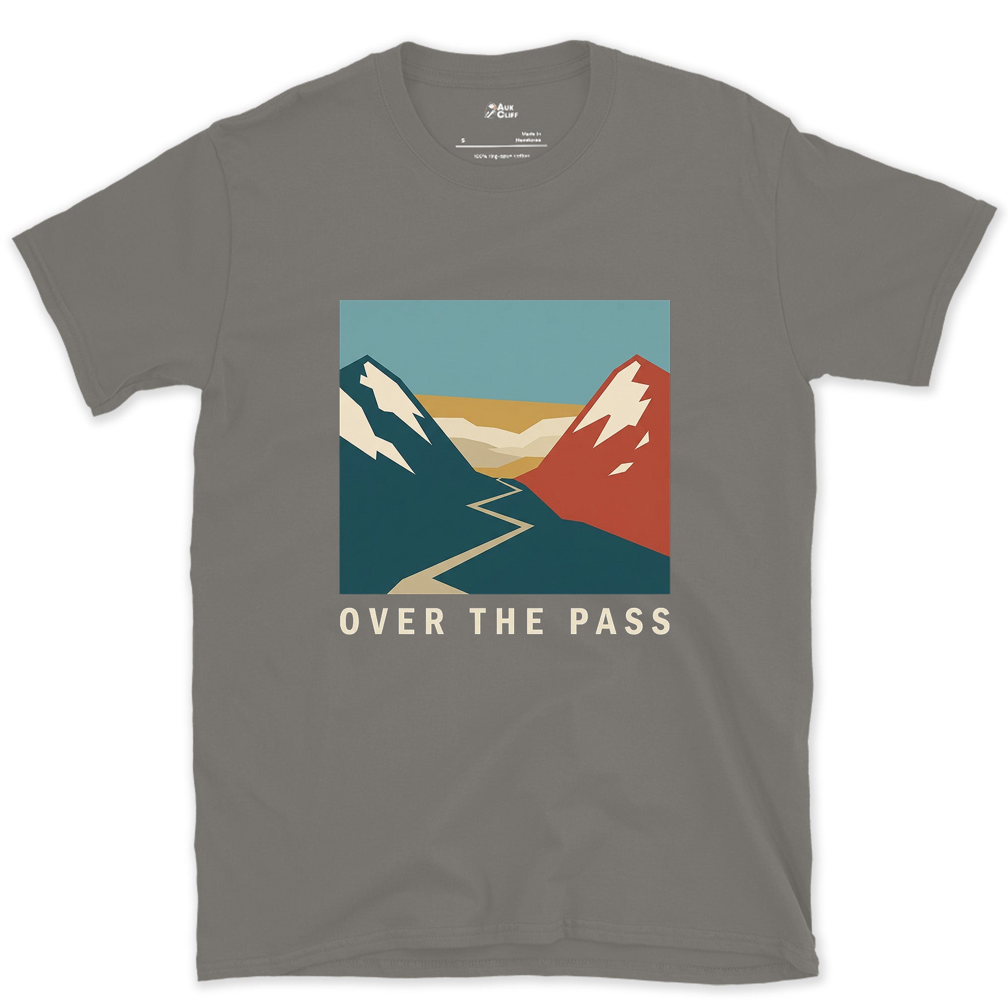 Over the Pass, Red Peaks and Blue design on a Charcoal Gildan Softstyle t-shirt