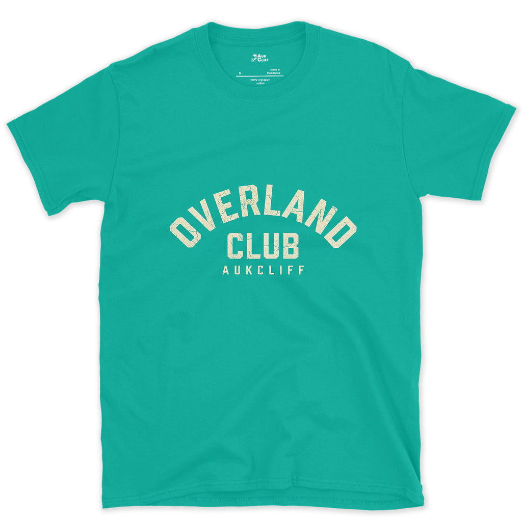 Overland Club Arch Badge design on a Jade Dome Gildan Softstyle t-shirt