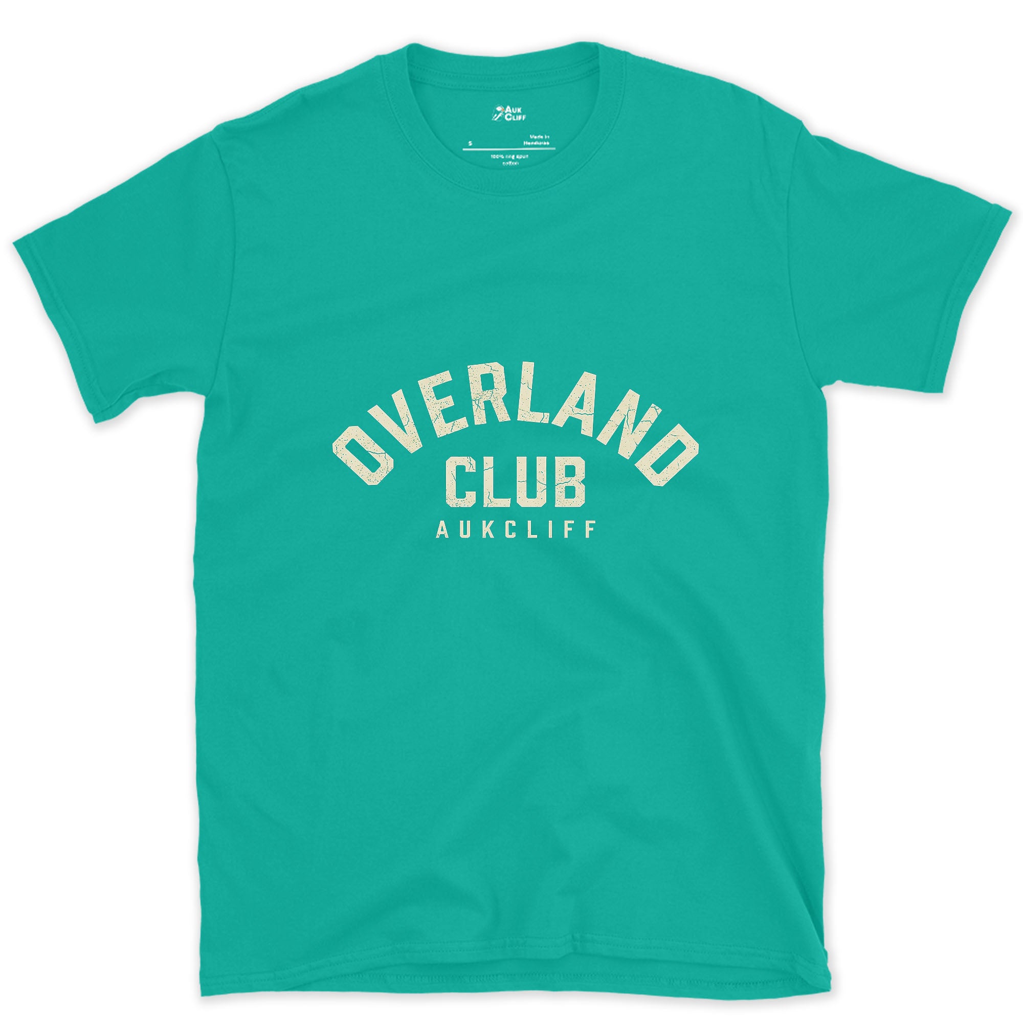 Overland Club Arch Badge design on a Jade Dome Gildan Softstyle t-shirt