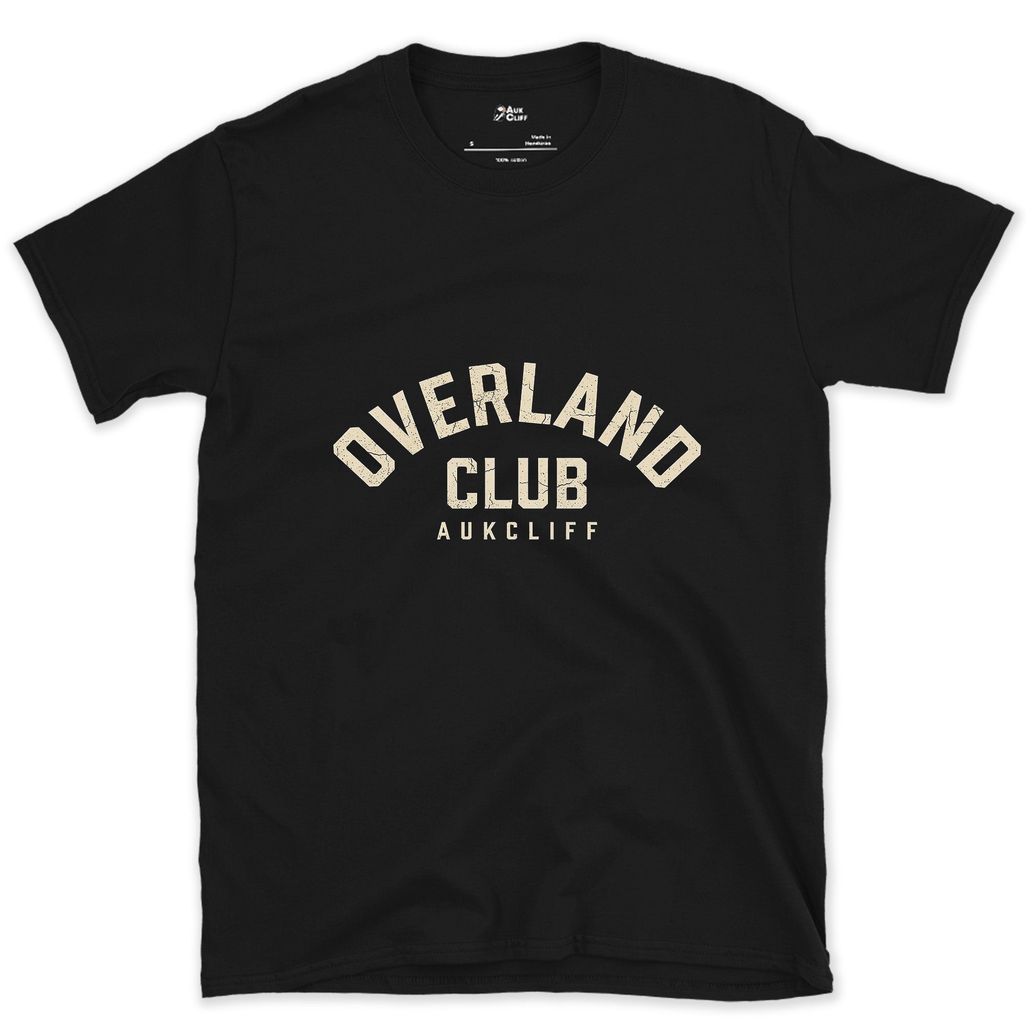 Overland Club Arch Badge design on a Black Gildan Softstyle t-shirt