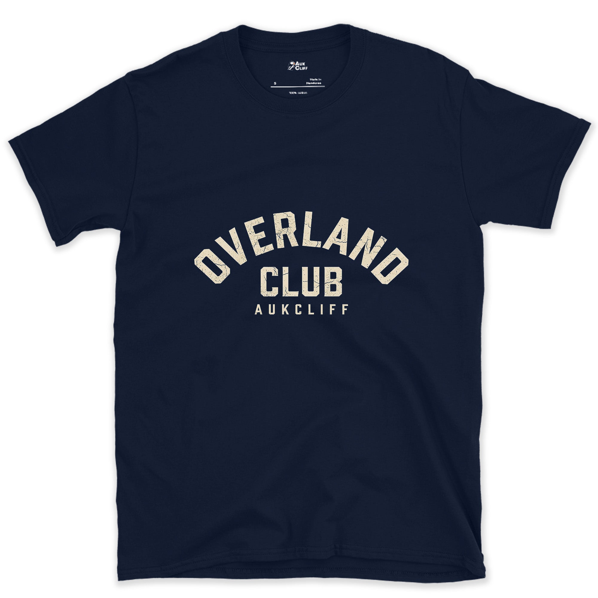 Overland Club Arch Badge design on a Navy Gildan Softstyle t-shirt