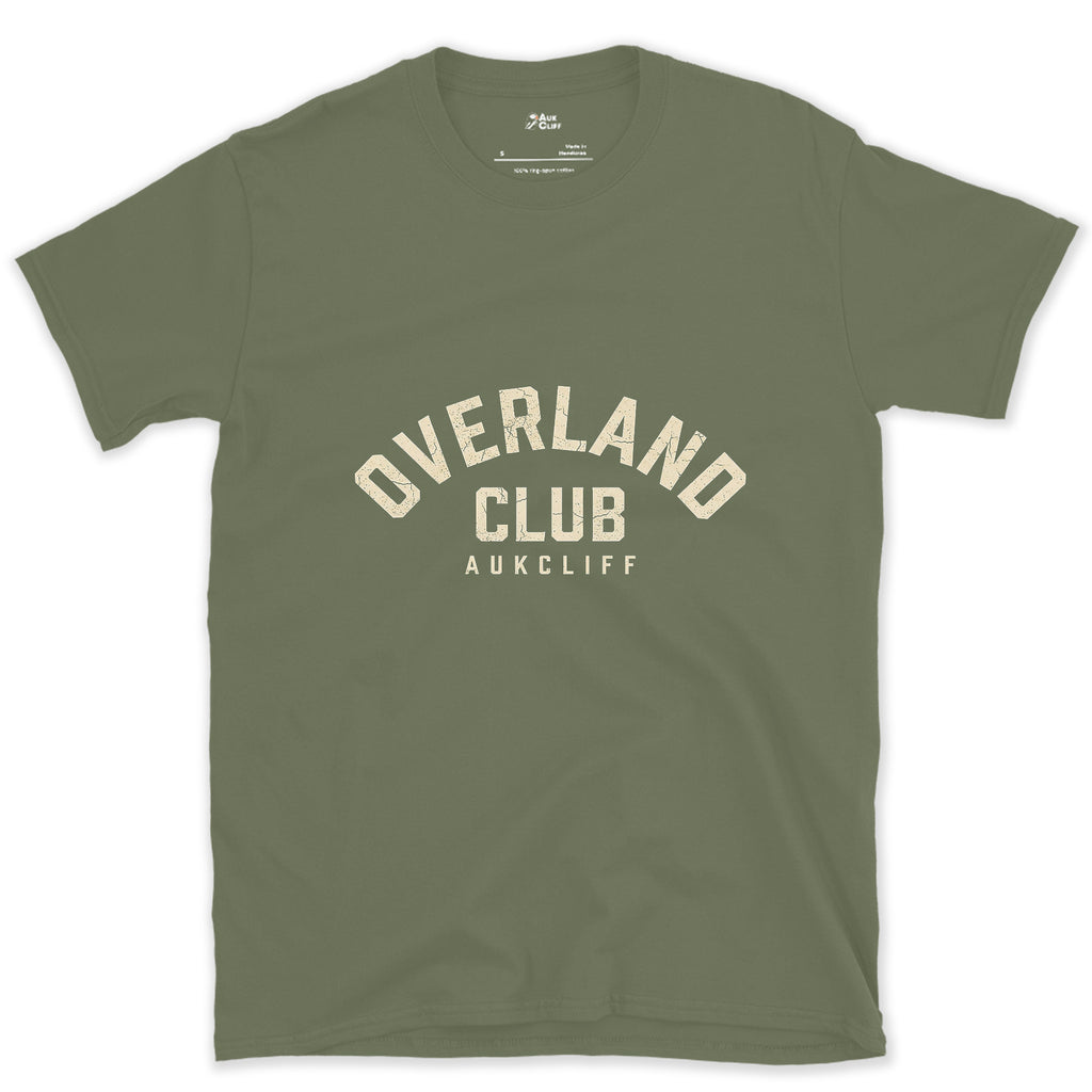 Overland Club Arch Badge design on a Military Green Gildan Softstyle t-shirt