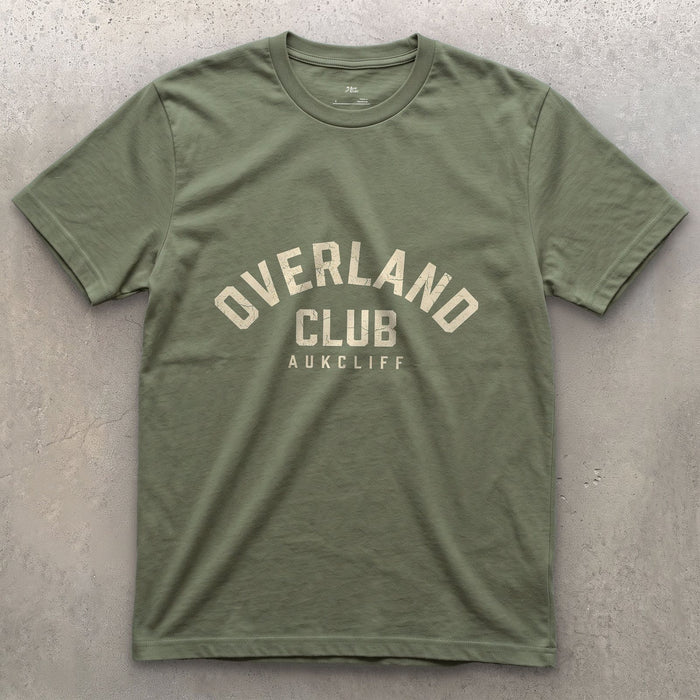 Overland Club Arch Badge design on a Military Green Gildan Softstyle t-shirt