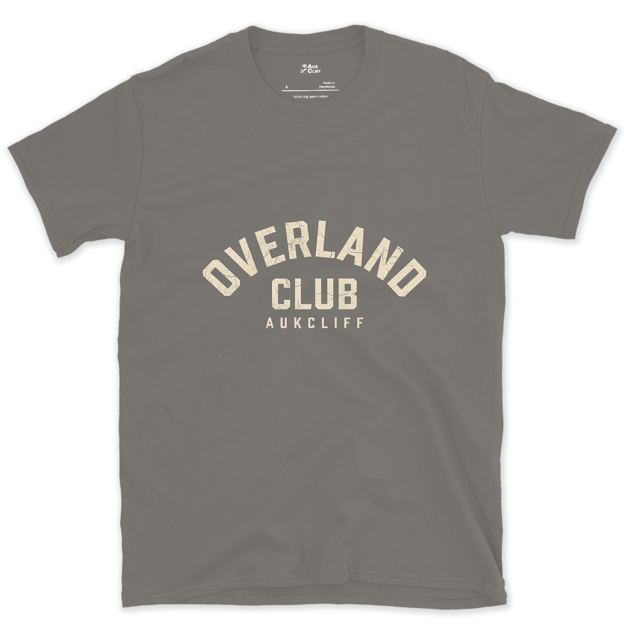 Overland Club Arch Badge design on a Charcoal Gildan Softstyle t-shirt
