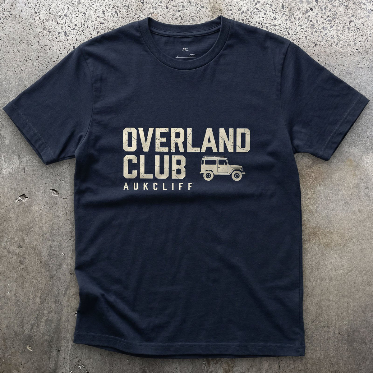 Overland Club Flush Left for a Corner design on a Navy Gildan Softstyle t-shirt