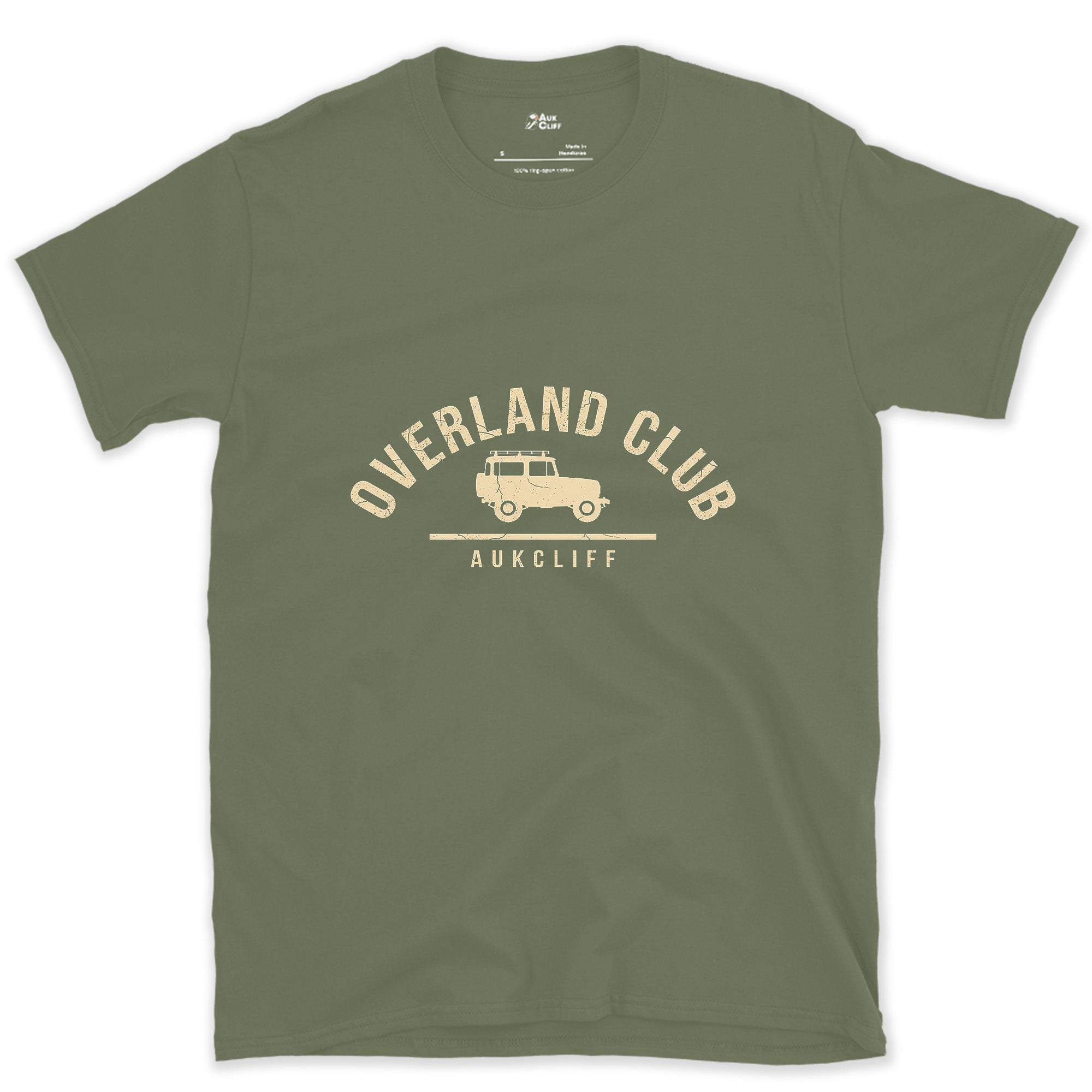 Overland Club Arch Badge, Wagon at the Centre design on a Military Green Gildan Softstyle t-shirt