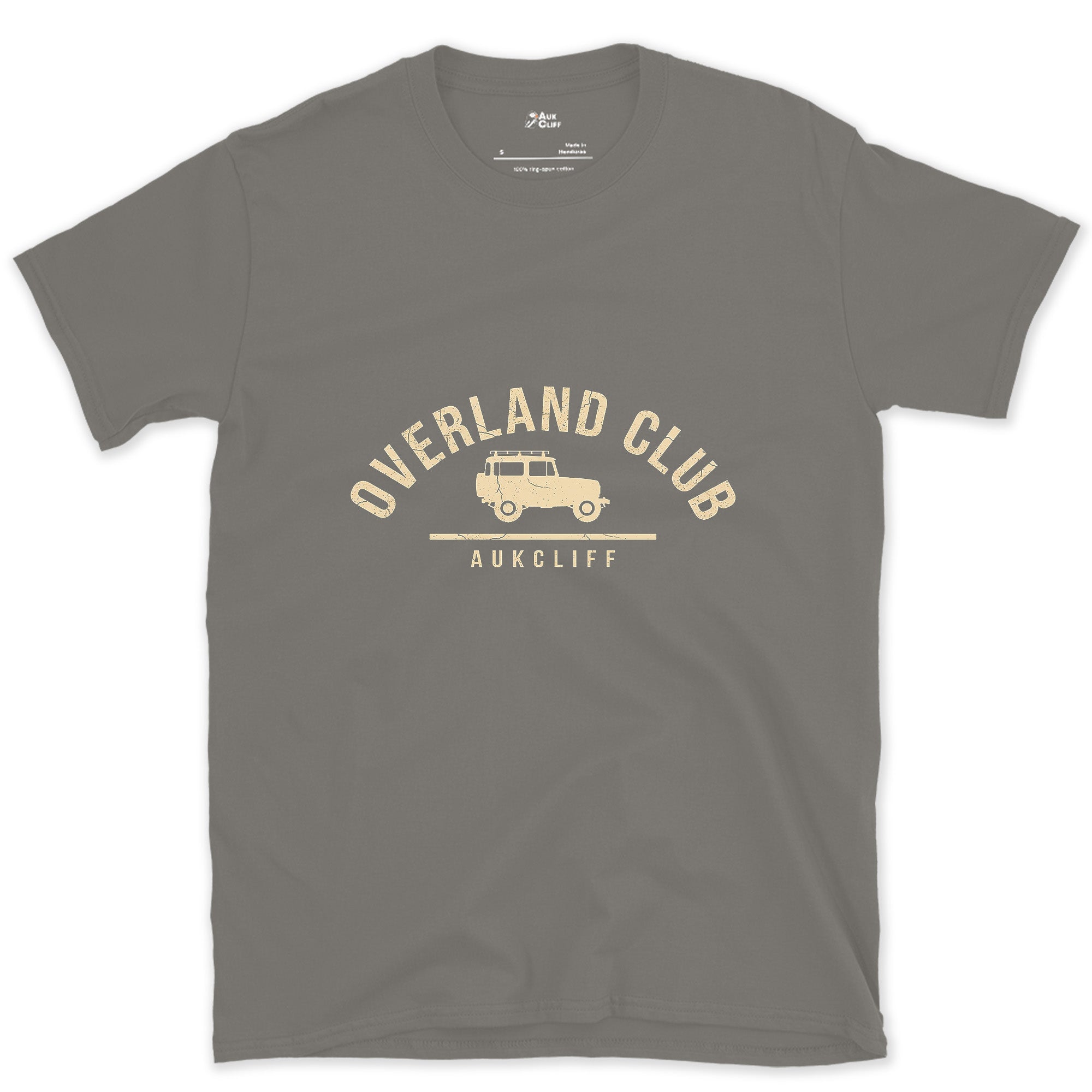 Overland Club Arch Badge, Wagon at the Centre design on a Charcoal Gildan Softstyle t-shirt