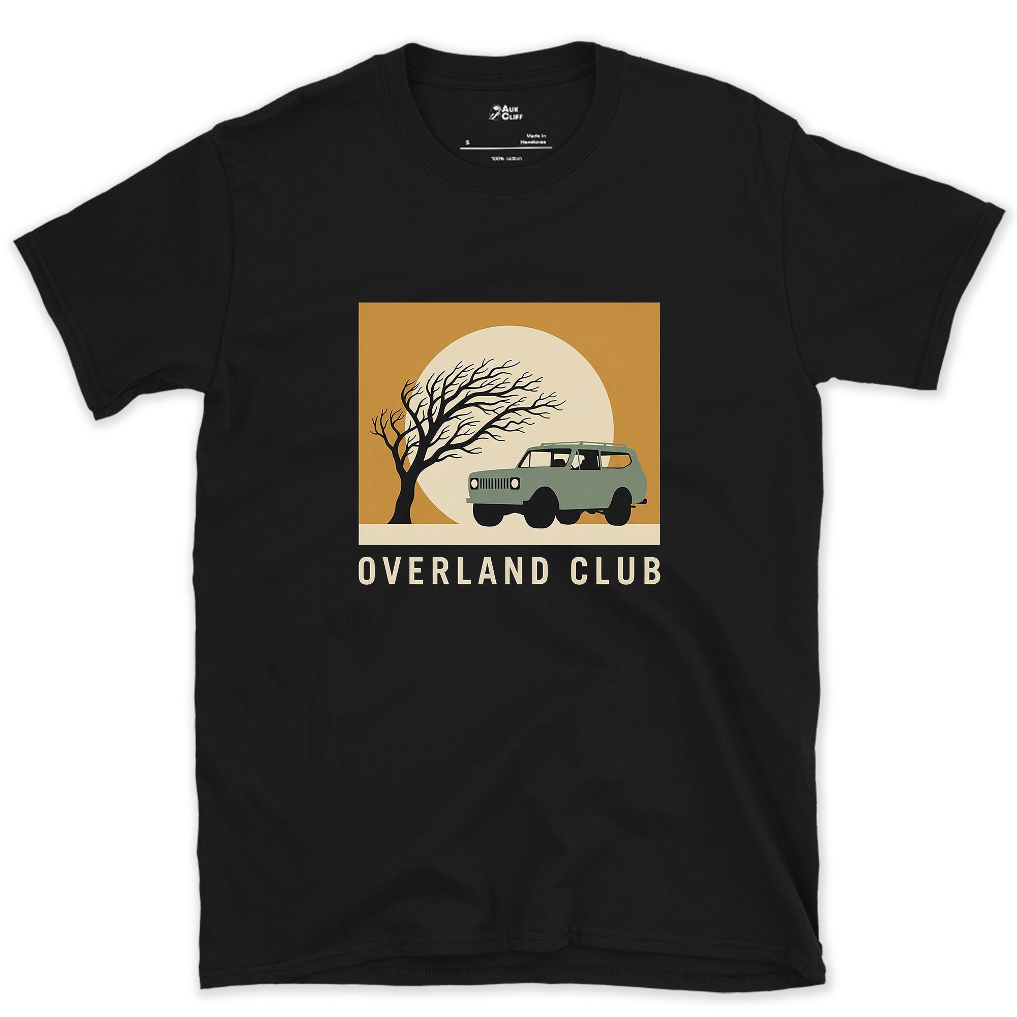 Overland Club, Bare Tree Under a Full Moon design on a Black Gildan Softstyle t-shirt