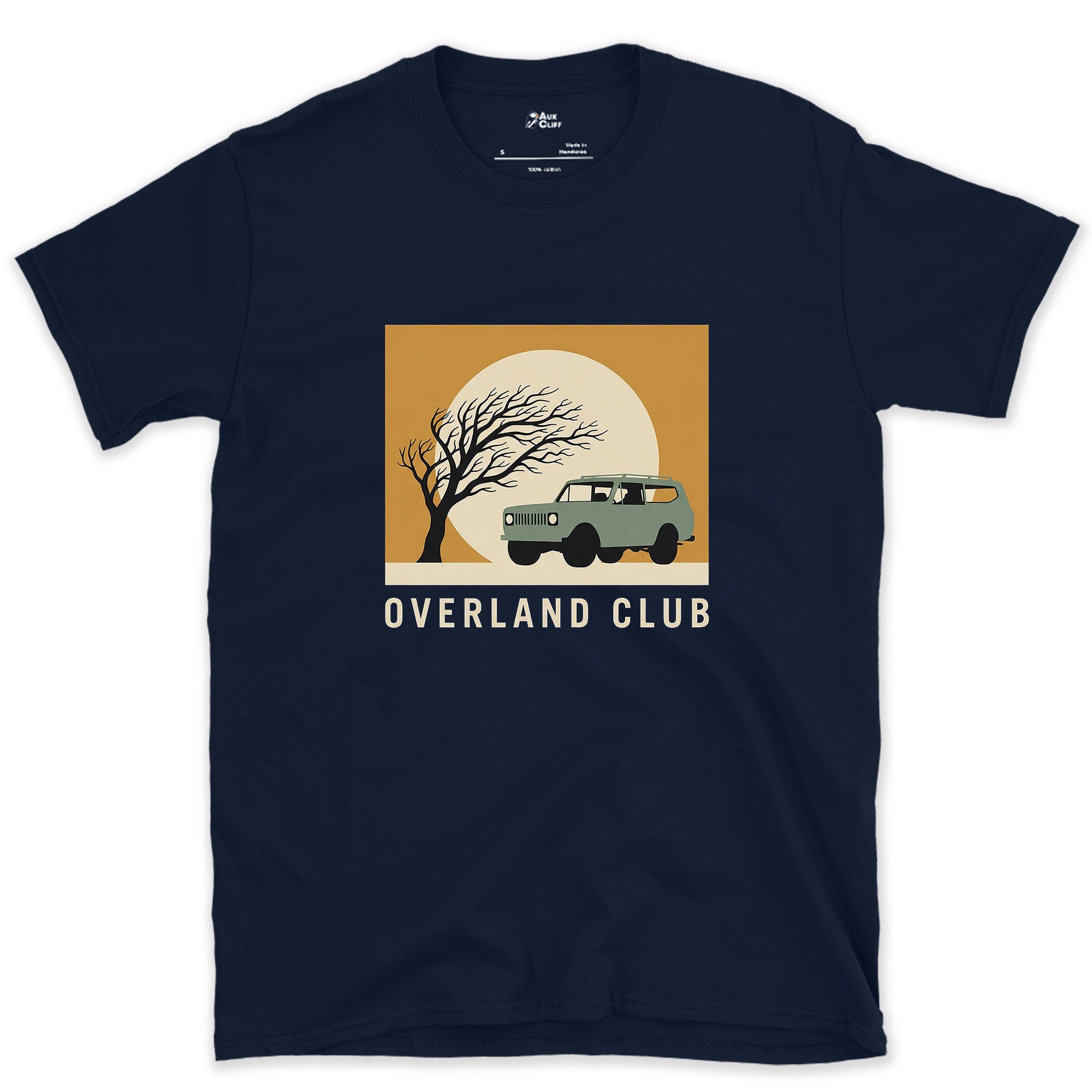 Overland Club, Bare Tree Under a Full Moon design on a Navy Gildan Softstyle t-shirt