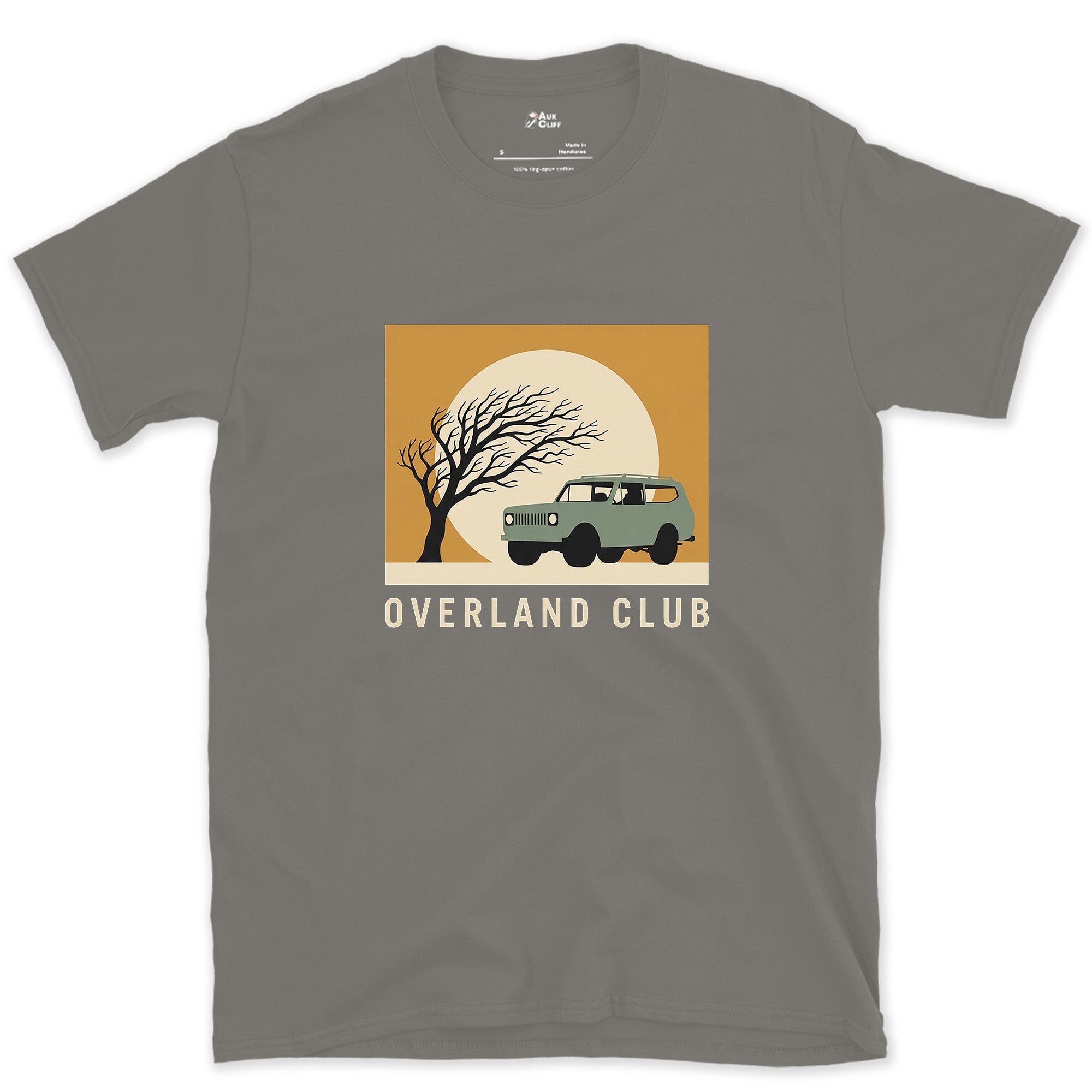 Overland Club, Bare Tree Under a Full Moon design on a Charcoal Gildan Softstyle t-shirt