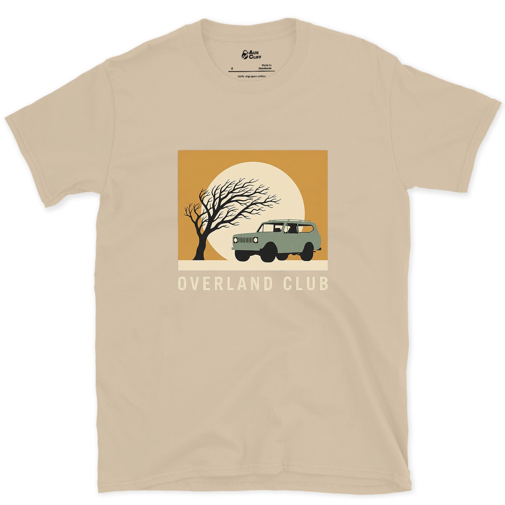 Overland Club, Bare Tree Under a Full Moon design on a Sand Gildan Softstyle t-shirt