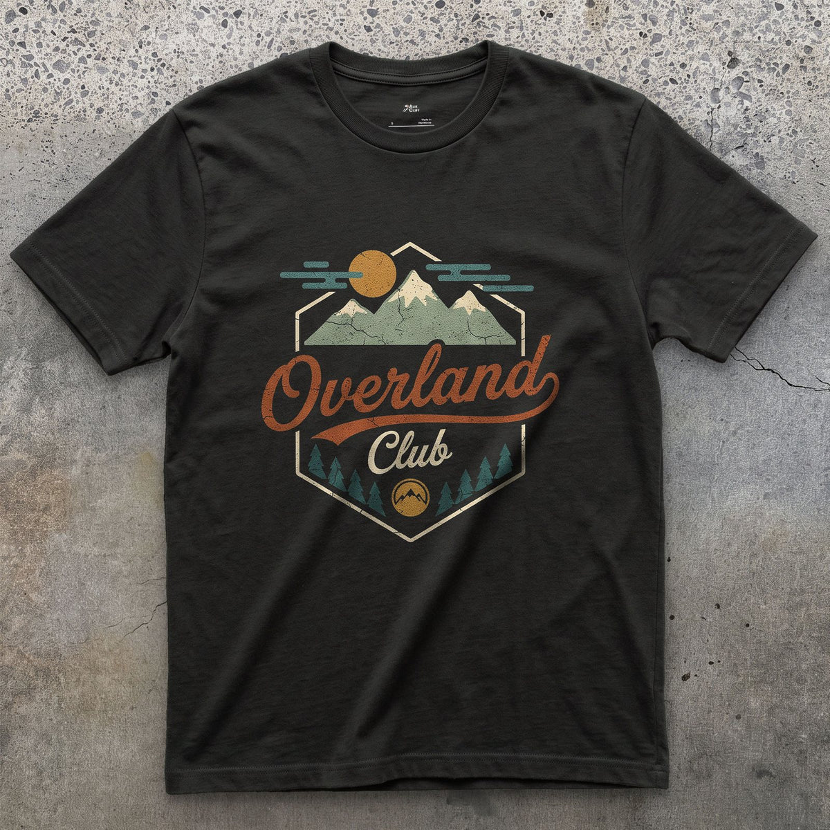 Six Sides Around the Range, Overland Club design on a Black Gildan Softstyle t-shirt