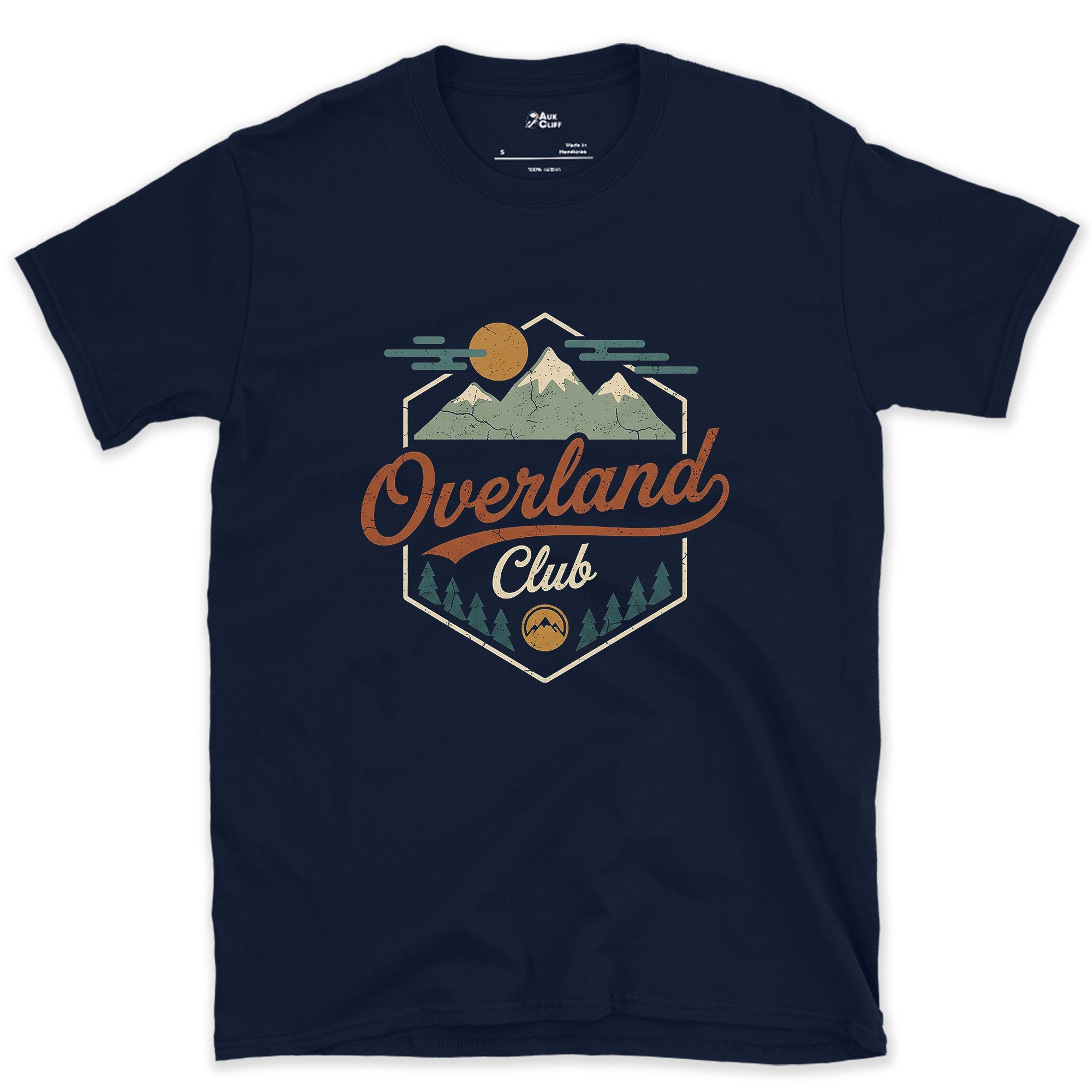 Six Sides Around the Range, Overland Club design on a Navy Gildan Softstyle t-shirt