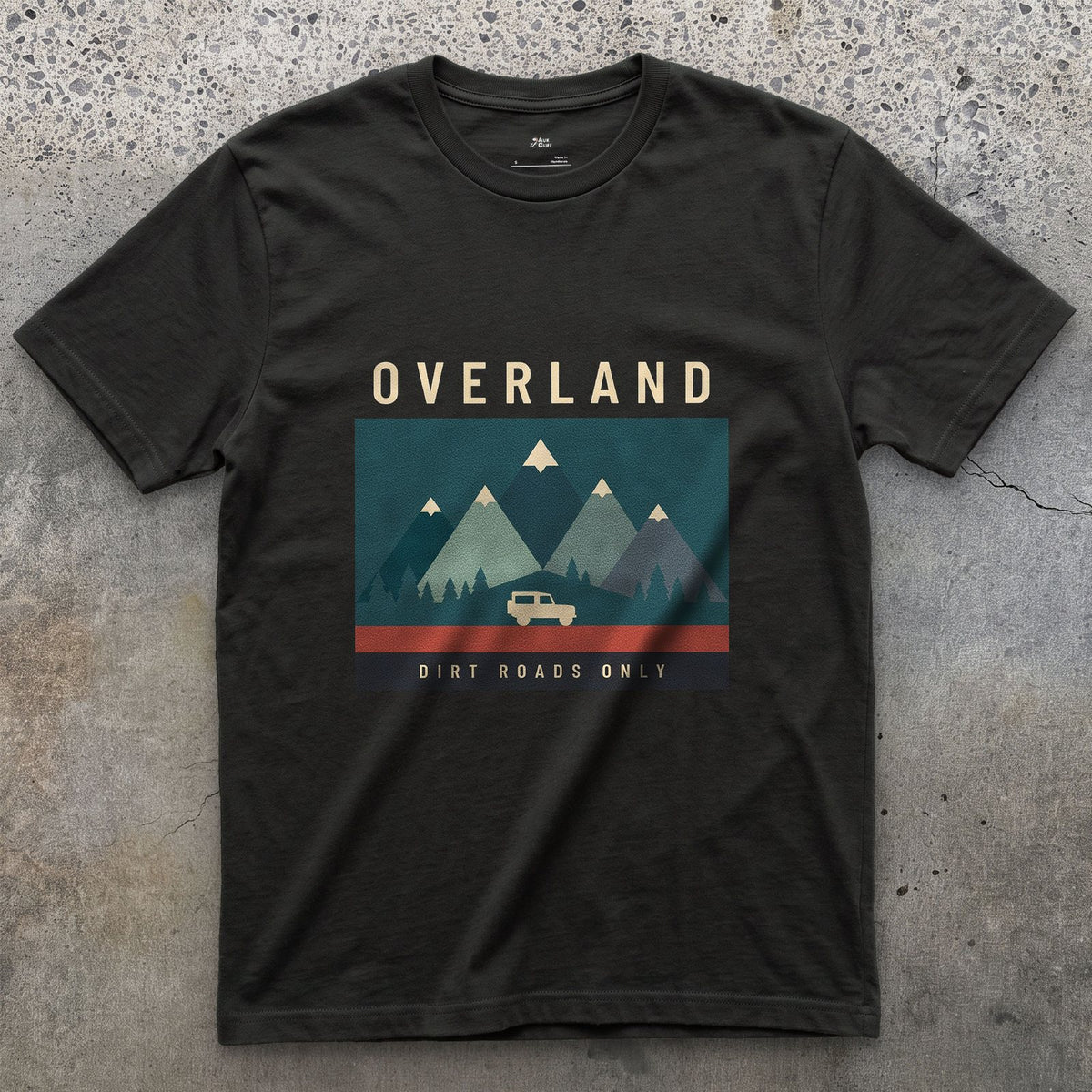 Dirt Roads Only, Small Wagon Between the Peaks design on a Black Gildan Softstyle t-shirt