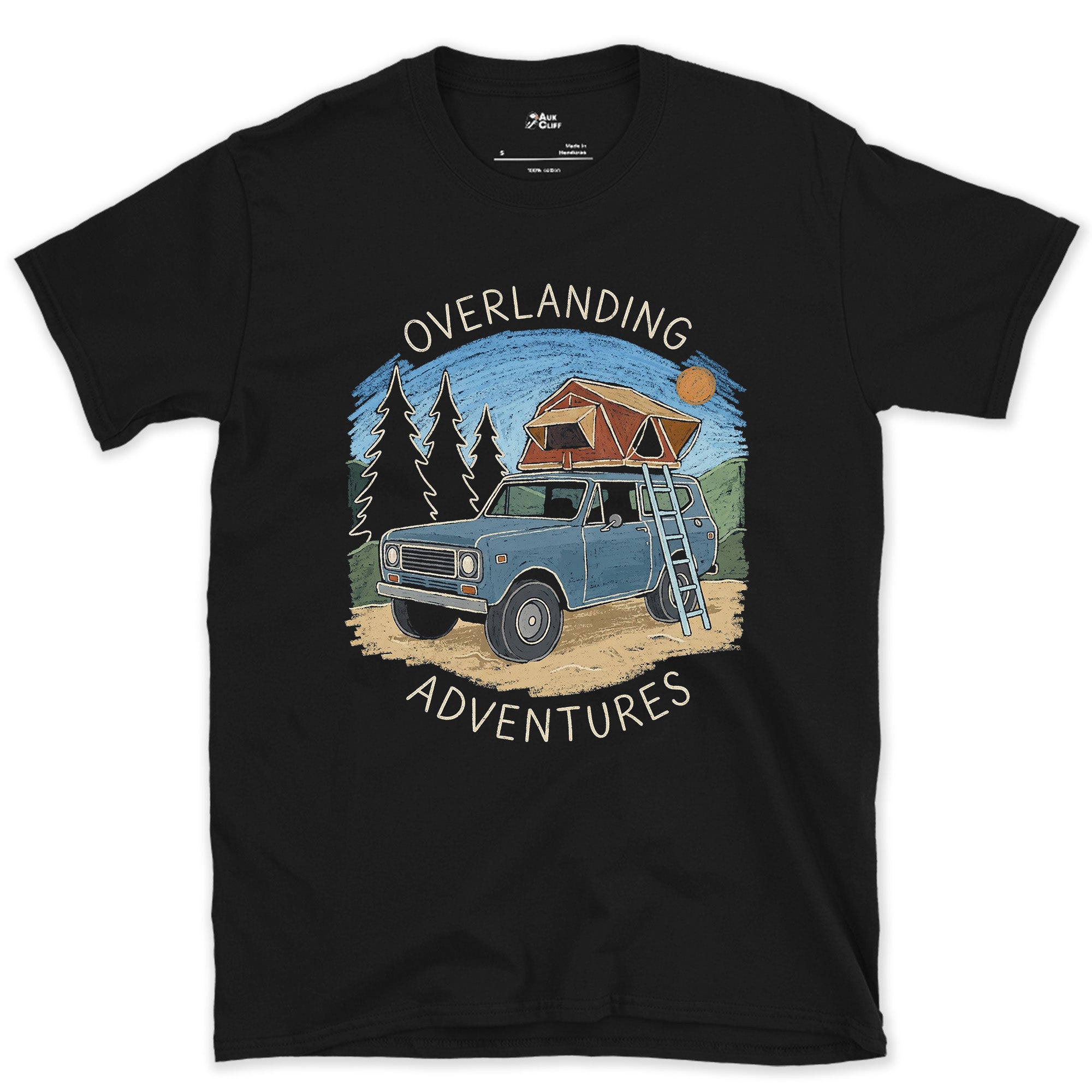 Overlanding Adventures, Tent Among the Pines design on a Black Gildan Softstyle t-shirt