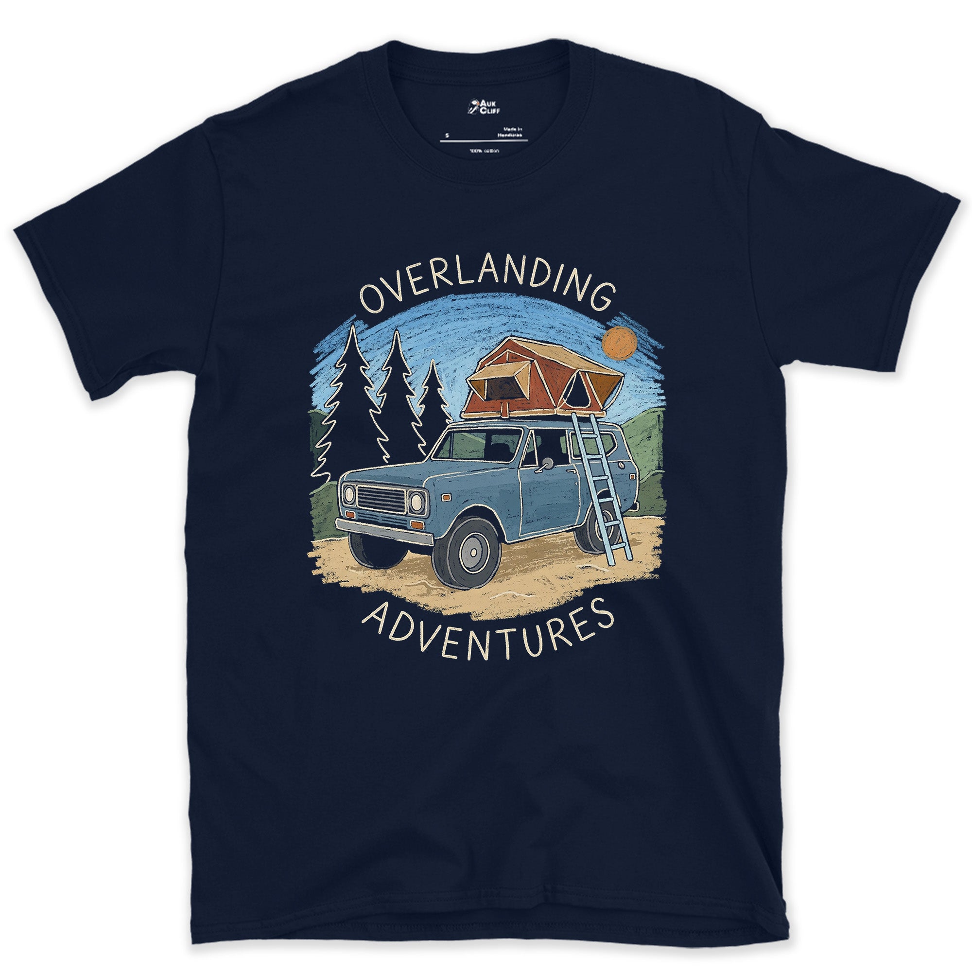 Overlanding Adventures, Tent Among the Pines design on a Navy Gildan Softstyle t-shirt