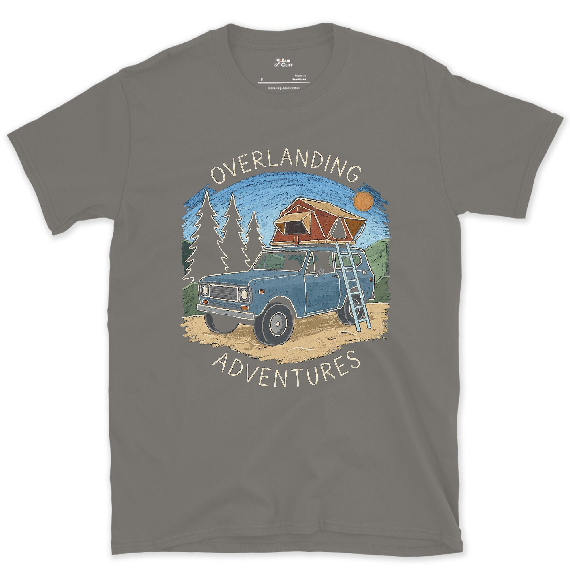 Overlanding Adventures, Tent Among the Pines design on a Charcoal Gildan Softstyle t-shirt