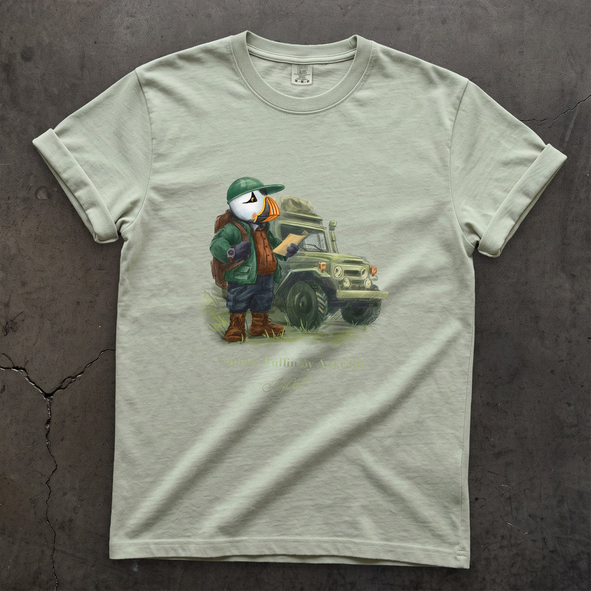 Captain Puffin Overland Explorer on a Bay Comfort Colors t-shirt