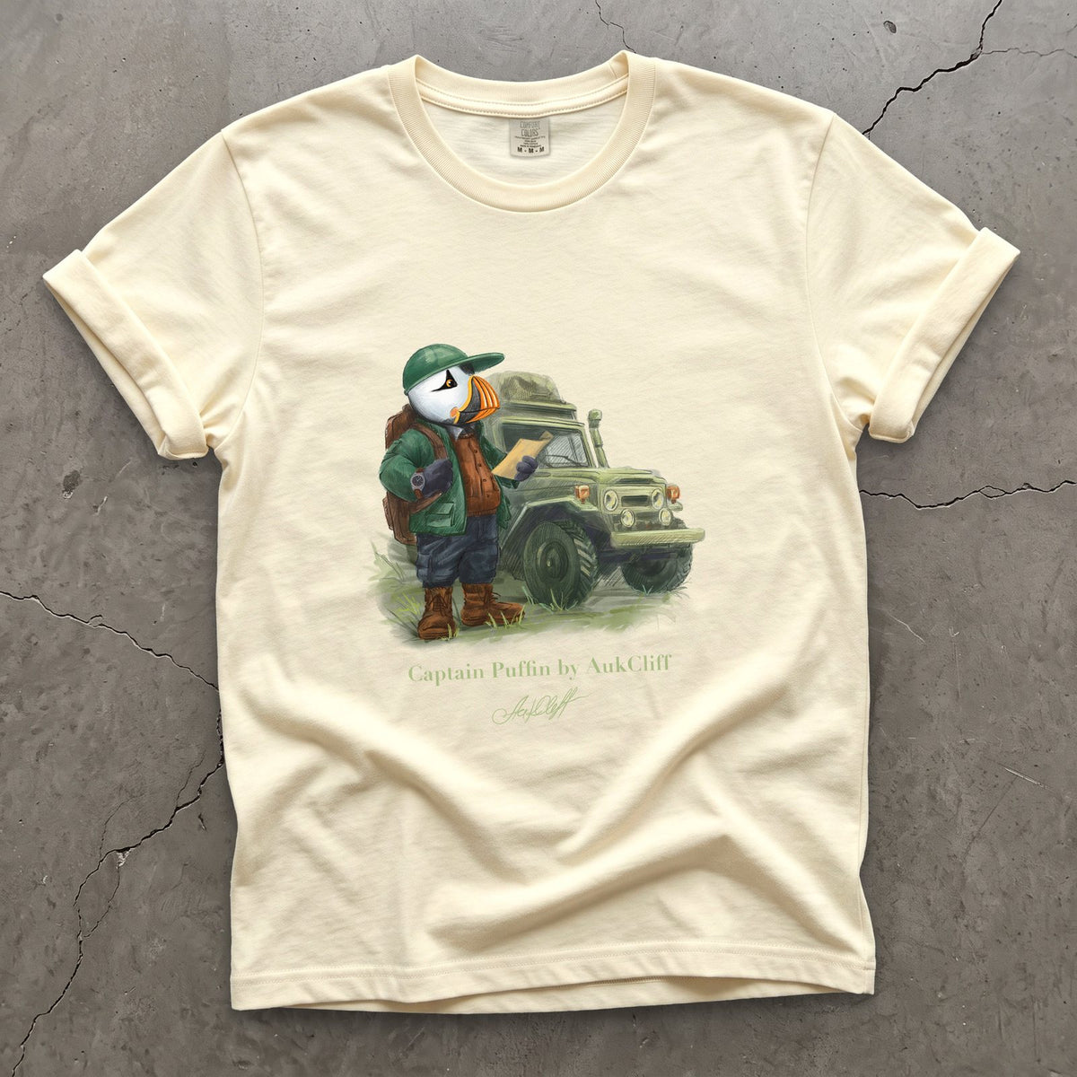 Captain Puffin Overland Explorer on a Ivory Comfort Colors t-shirt