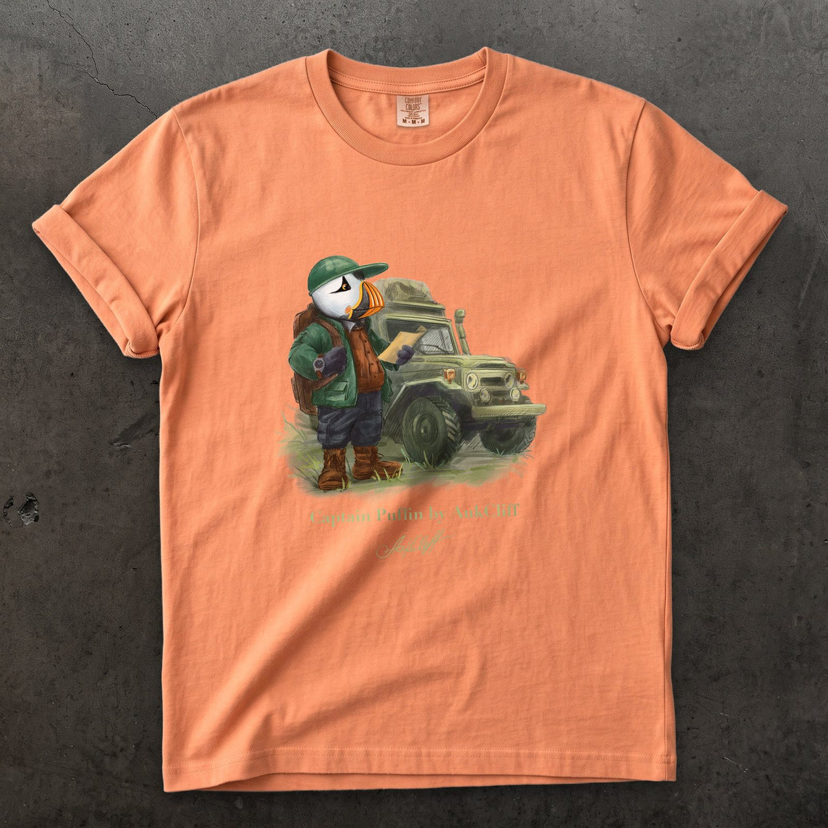 Captain Puffin Overland Explorer on a Terracotta Comfort Colors t-shirt