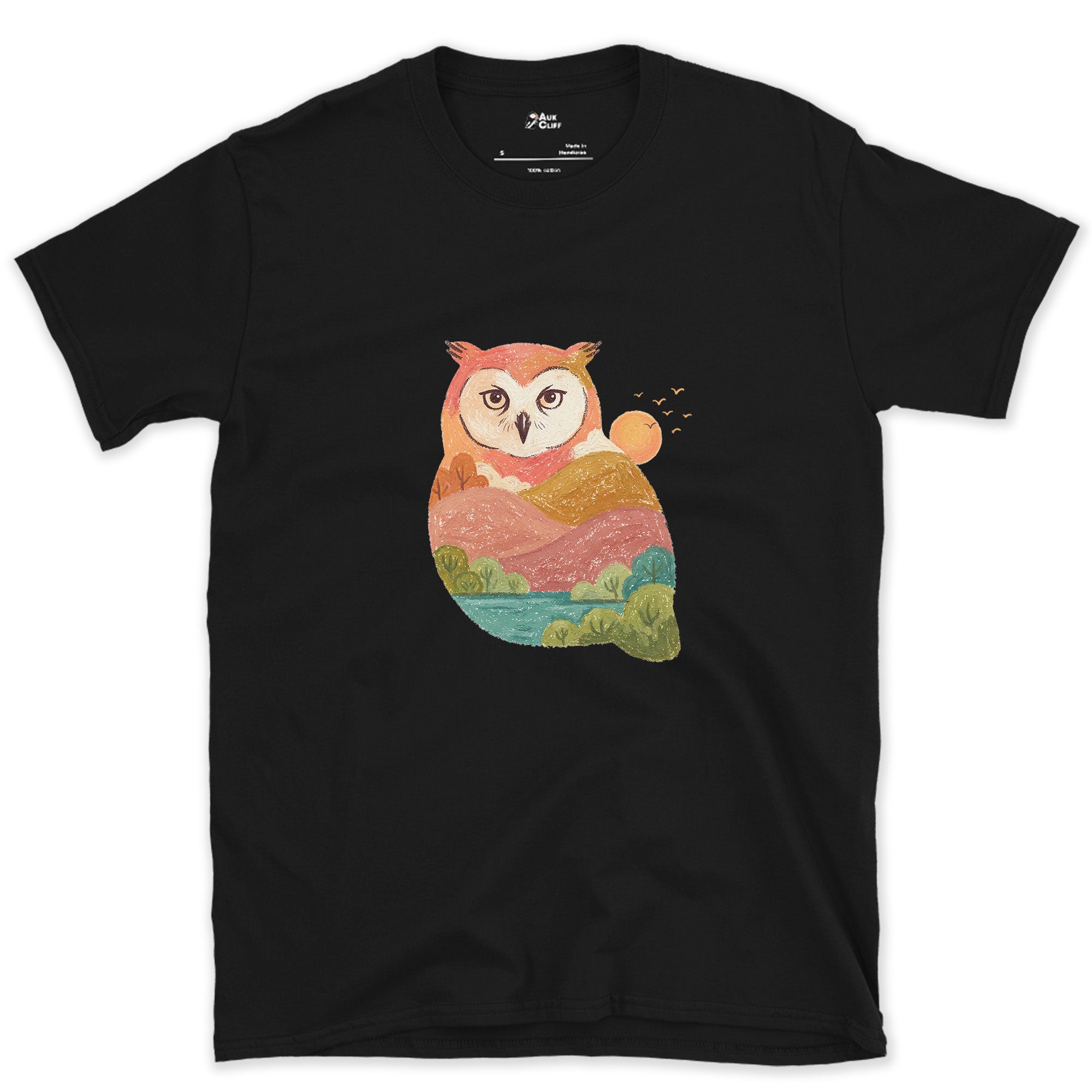 The Owl Holding a Second Scene Inside It design on a Black Gildan Softstyle t-shirt