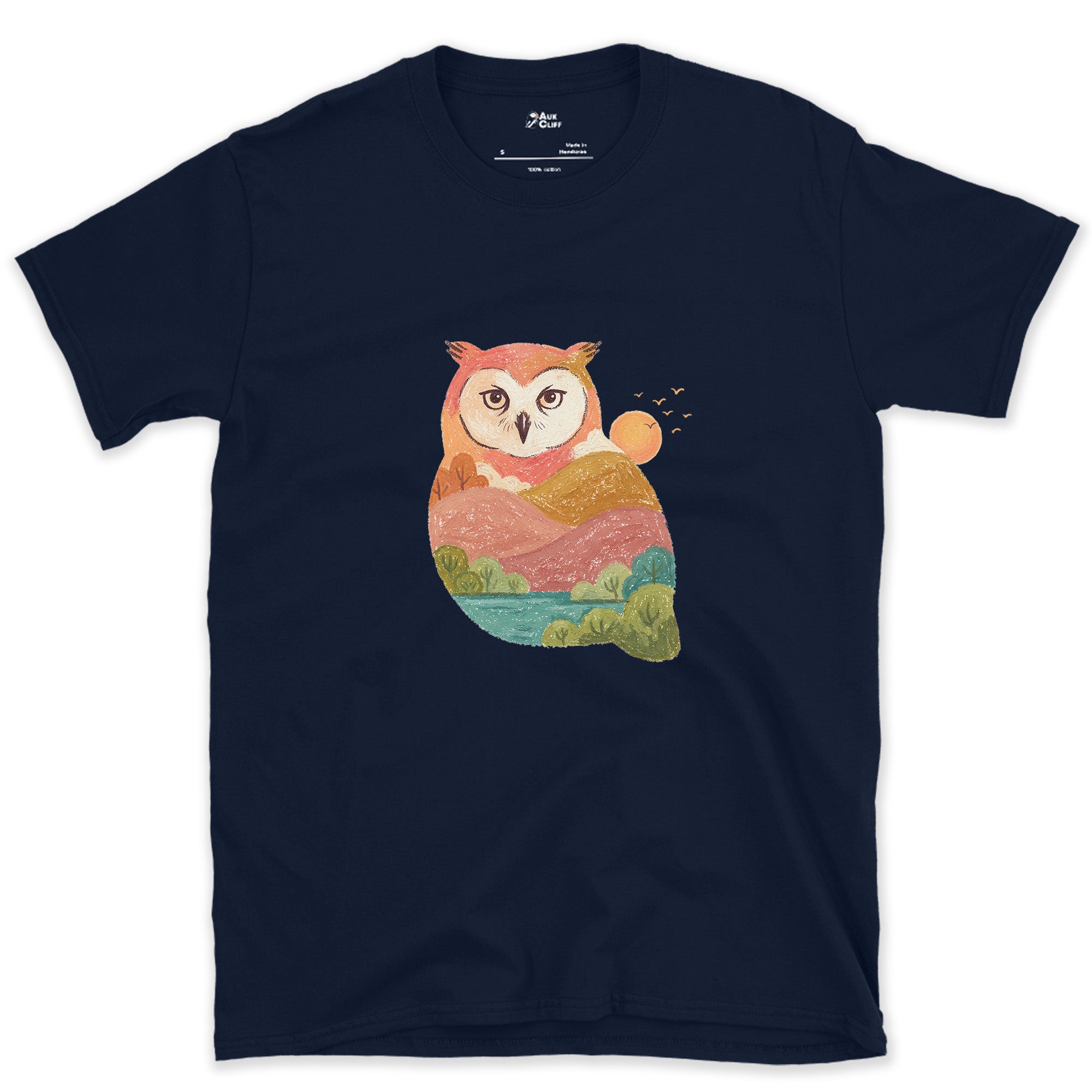 The Owl Holding a Second Scene Inside It design on a Navy Gildan Softstyle t-shirt