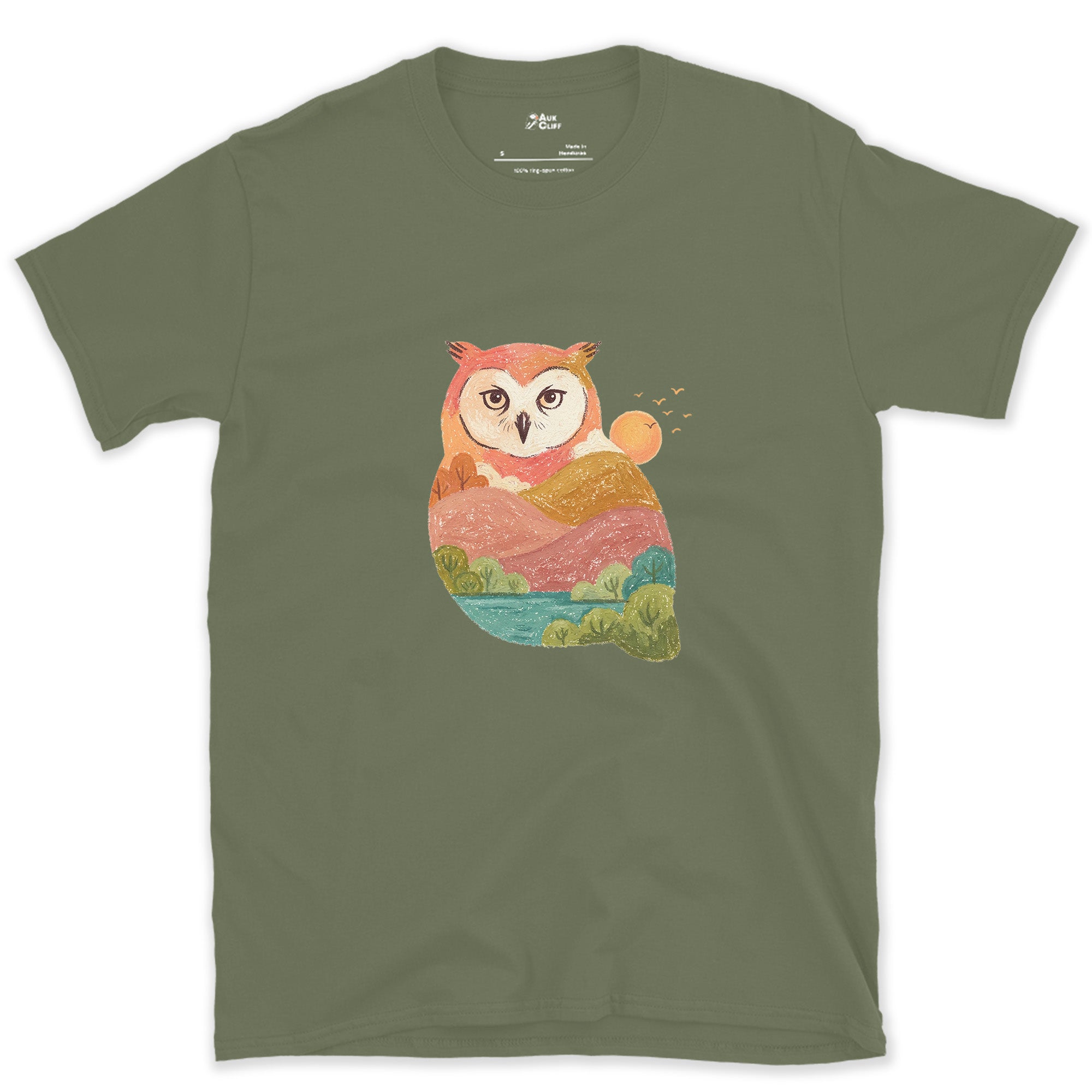 The Owl Holding a Second Scene Inside It design on a Military Green Gildan Softstyle t-shirt