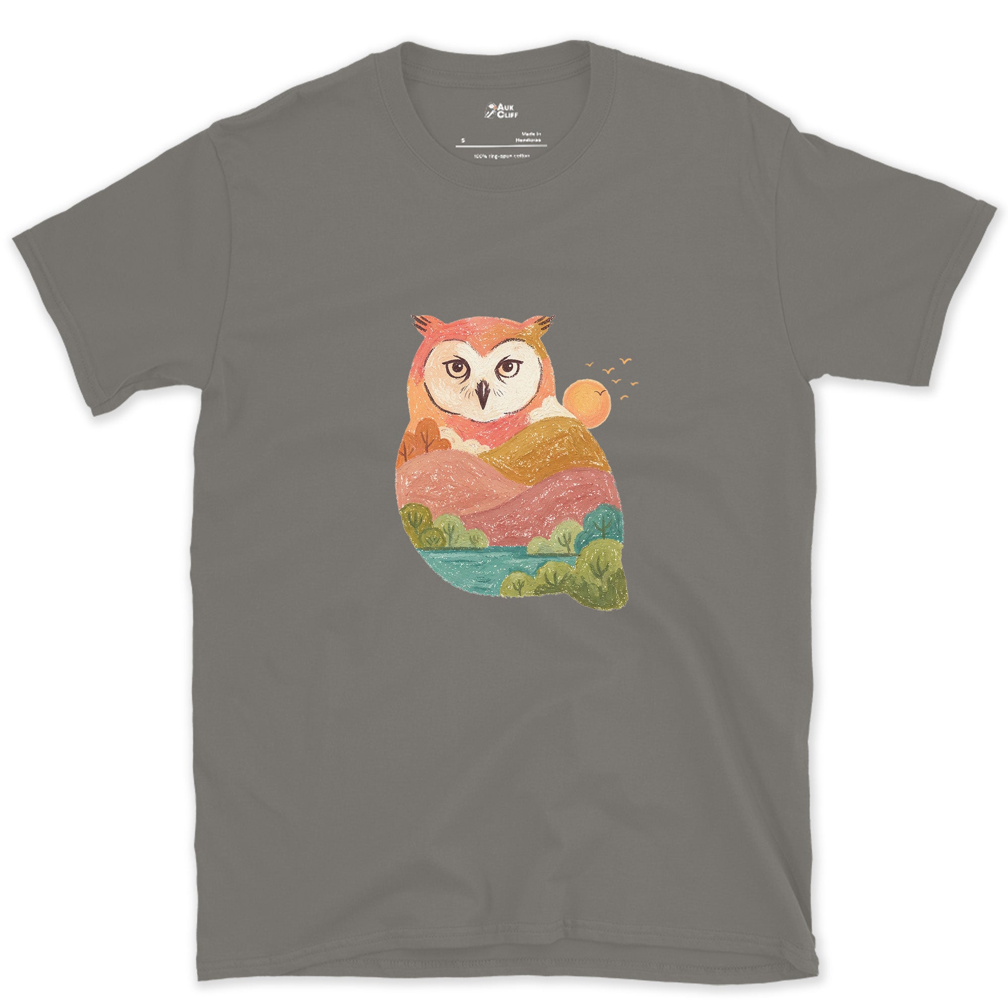 The Owl Holding a Second Scene Inside It design on a Charcoal Gildan Softstyle t-shirt