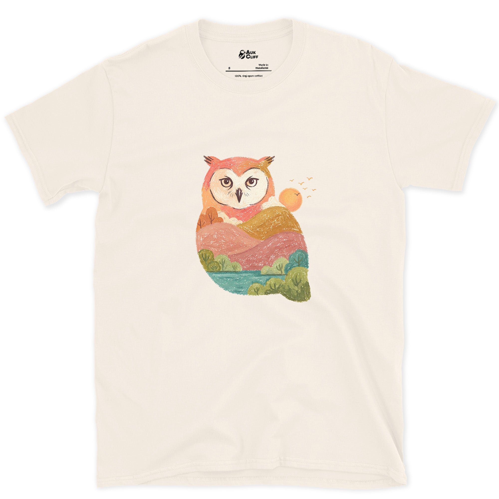 The Owl Holding a Second Scene Inside It design on a Natural Gildan Softstyle t-shirt