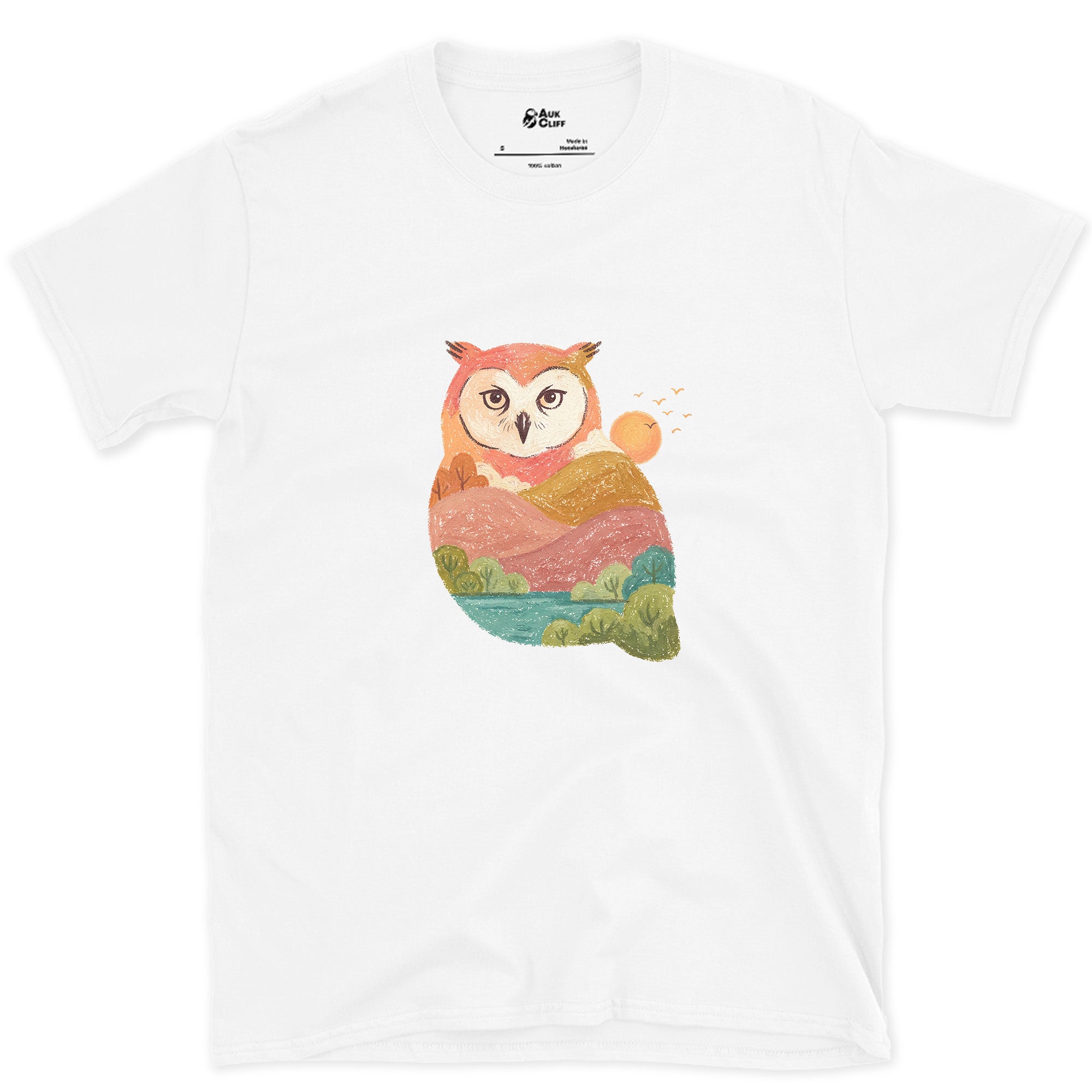 The Owl Holding a Second Scene Inside It design on a White Gildan Softstyle t-shirt
