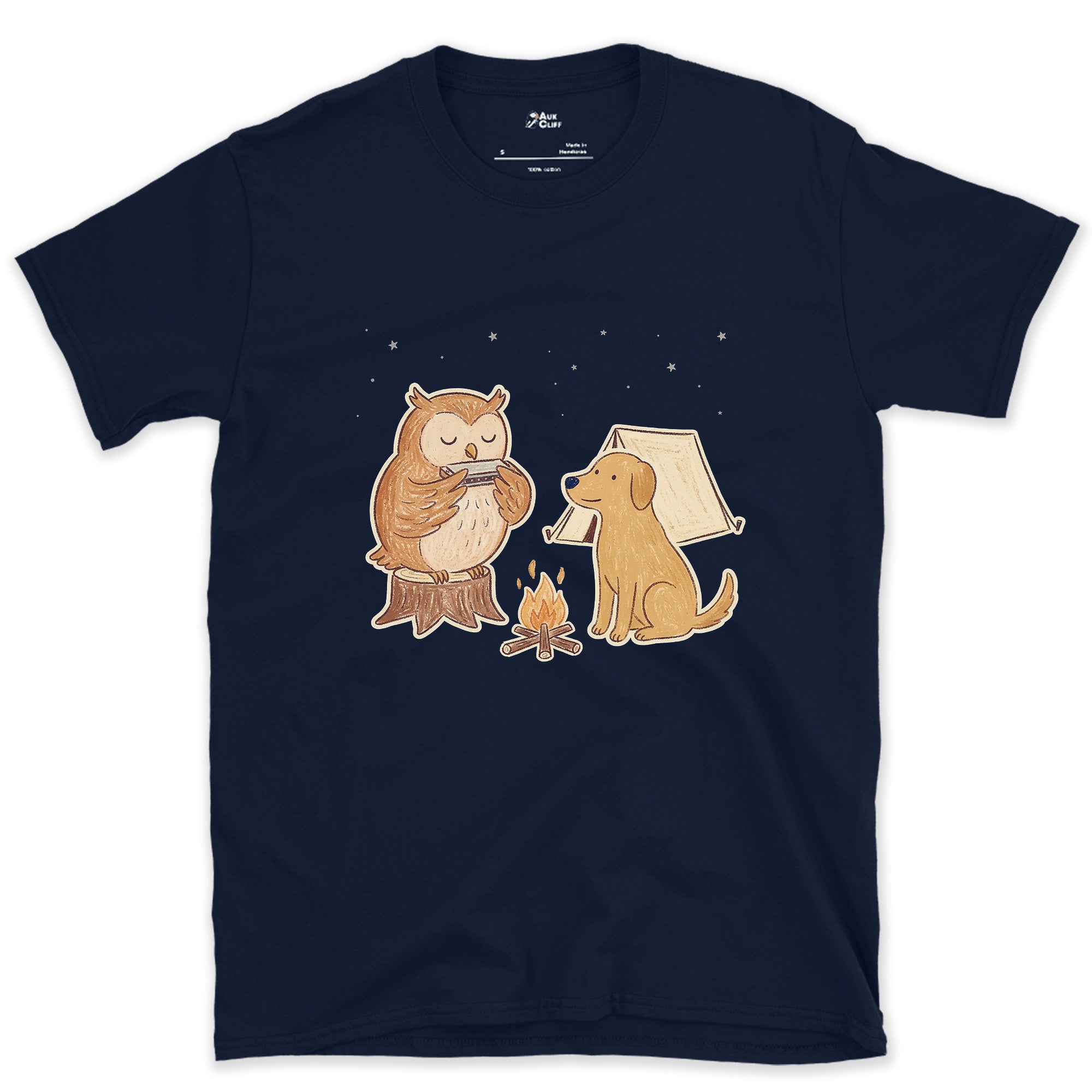 The Owl Takes the Late Slot, Harmonica design on a Navy Gildan Softstyle t-shirt