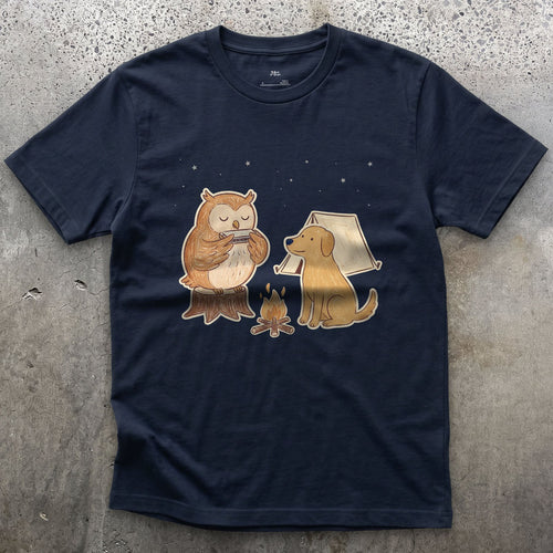 The Owl Takes the Late Slot, Harmonica design on a Navy Gildan Softstyle t-shirt