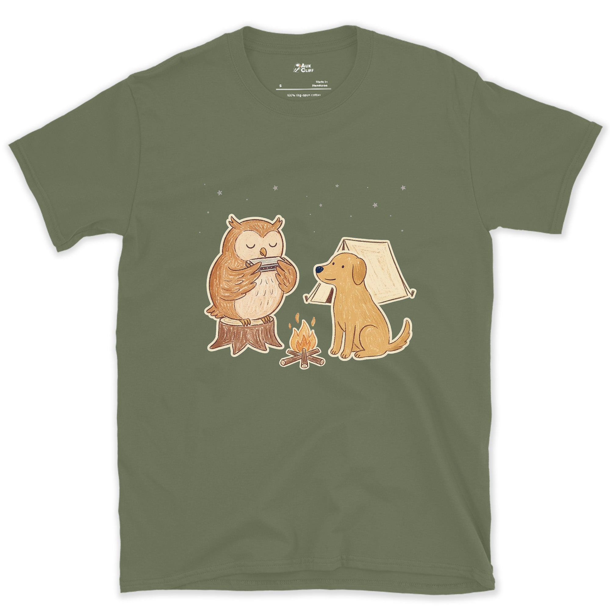 The Owl Takes the Late Slot, Harmonica design on a Military Green Gildan Softstyle t-shirt