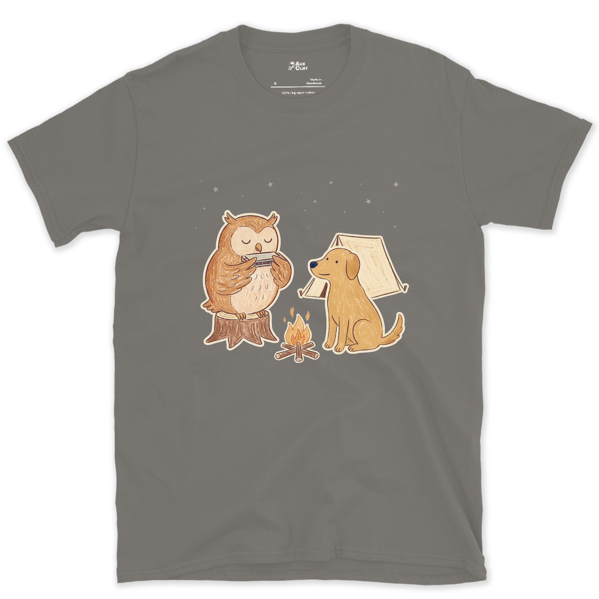 The Owl Takes the Late Slot, Harmonica design on a Charcoal Gildan Softstyle t-shirt