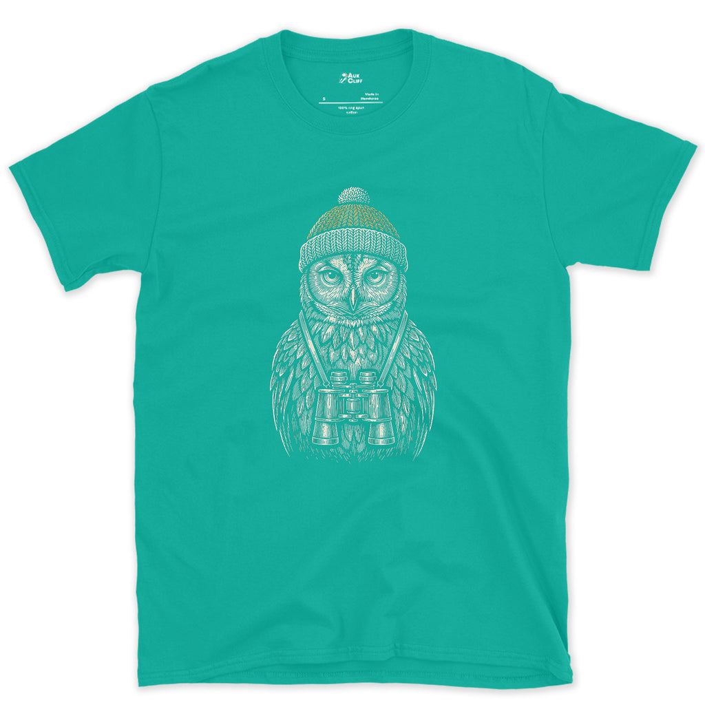 Out Before Anyone Else, Owl With Binoculars design on a Jade Dome Gildan Softstyle t-shirt