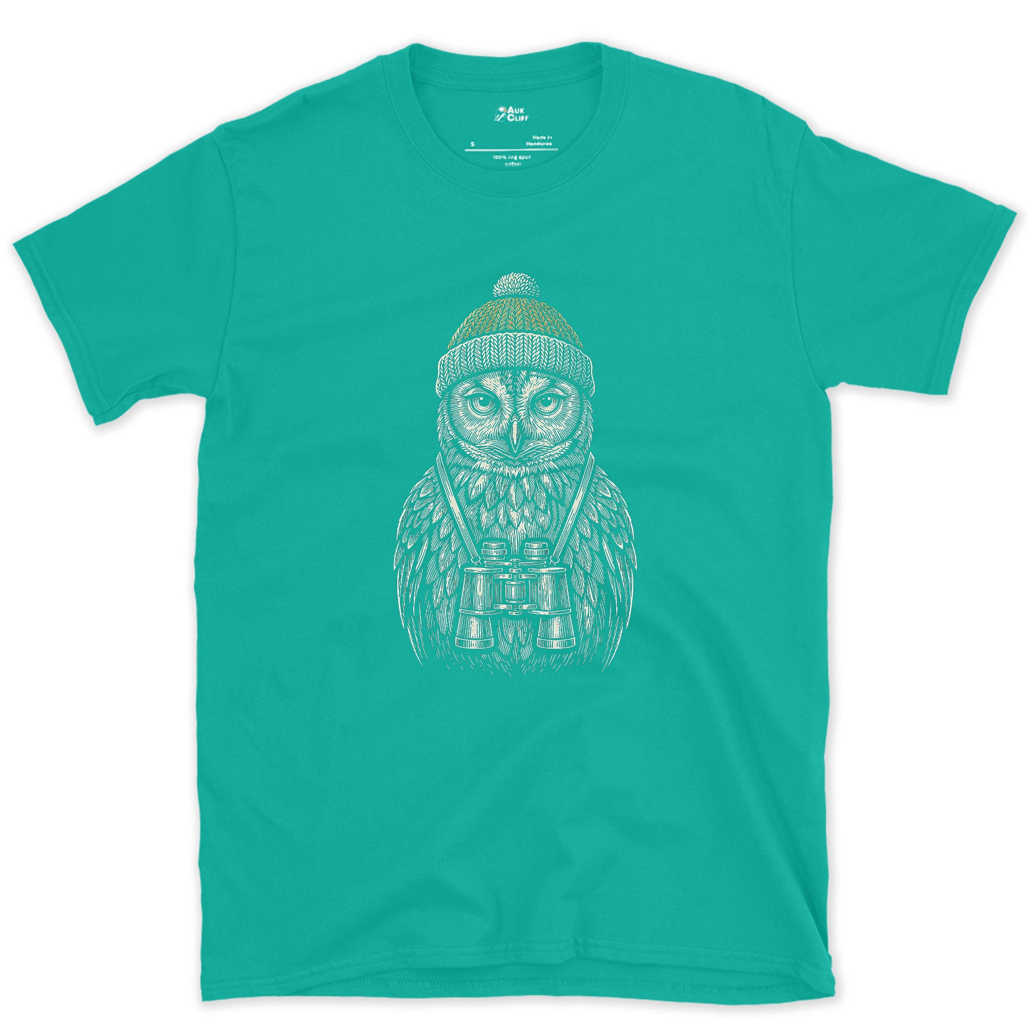 Out Before Anyone Else, Owl With Binoculars design on a Jade Dome Gildan Softstyle t-shirt
