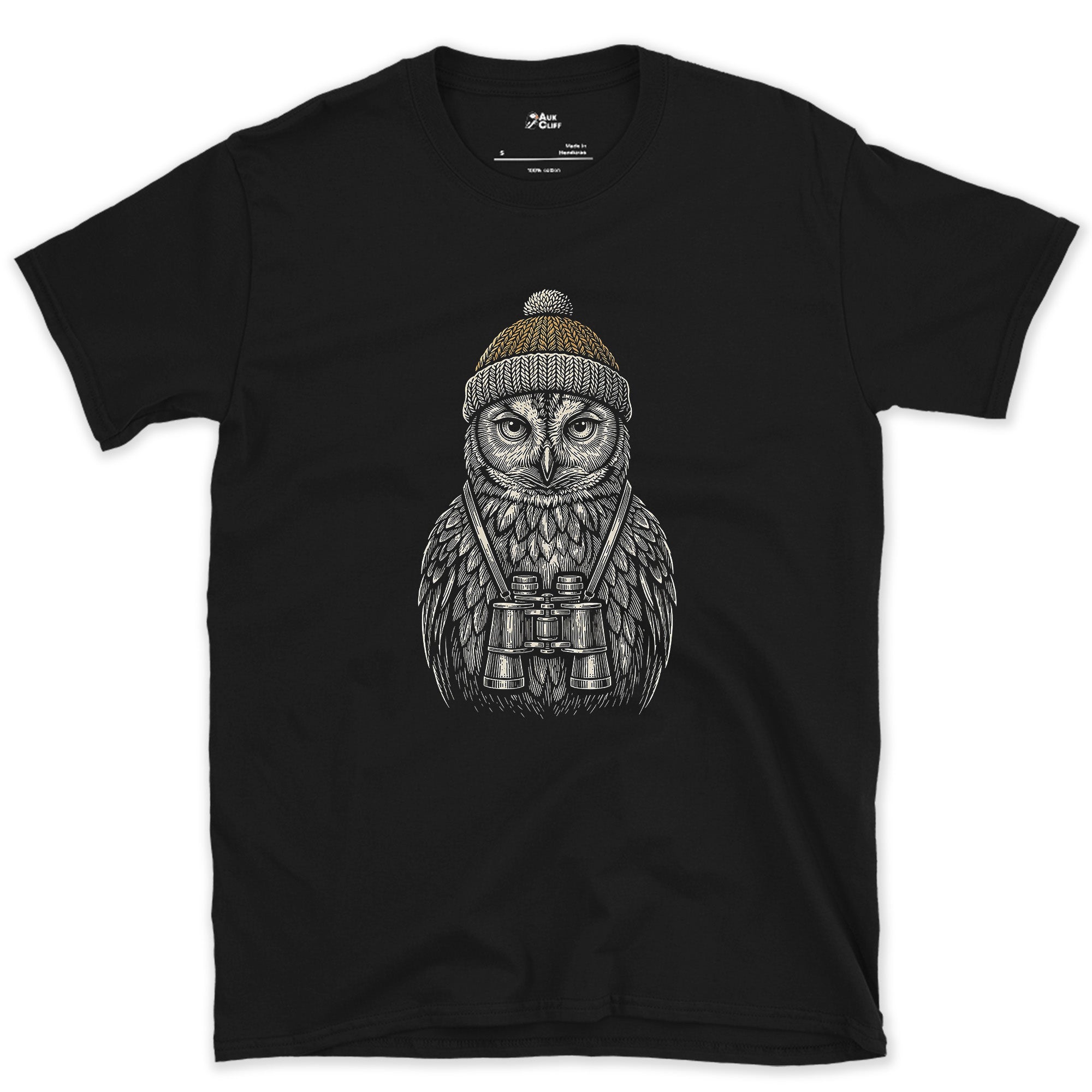 Out Before Anyone Else, Owl With Binoculars design on a Black Gildan Softstyle t-shirt