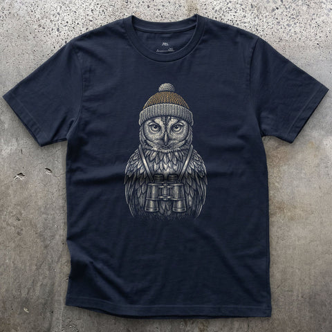 Out Before Anyone Else, Owl With Binoculars design on a Navy Gildan Softstyle t-shirt