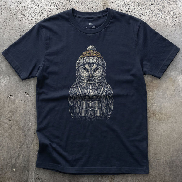 Out Before Anyone Else, Owl With Binoculars design on a Navy Gildan Softstyle t-shirt