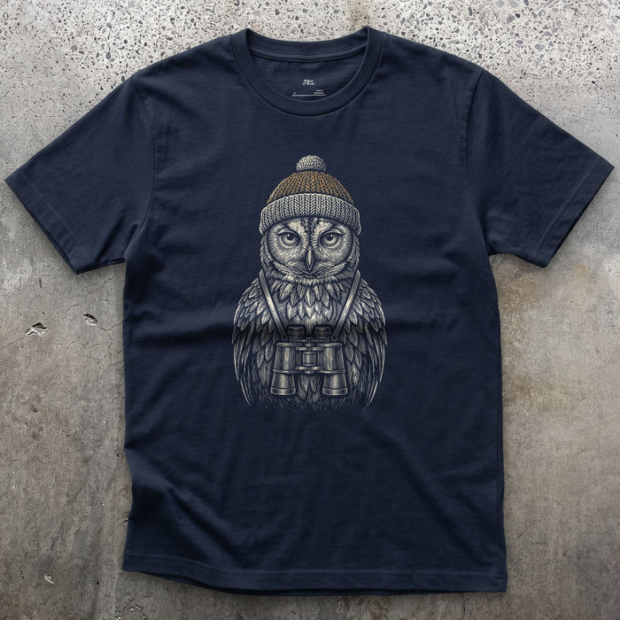 Out Before Anyone Else, Owl With Binoculars design on a Navy Gildan Softstyle t-shirt