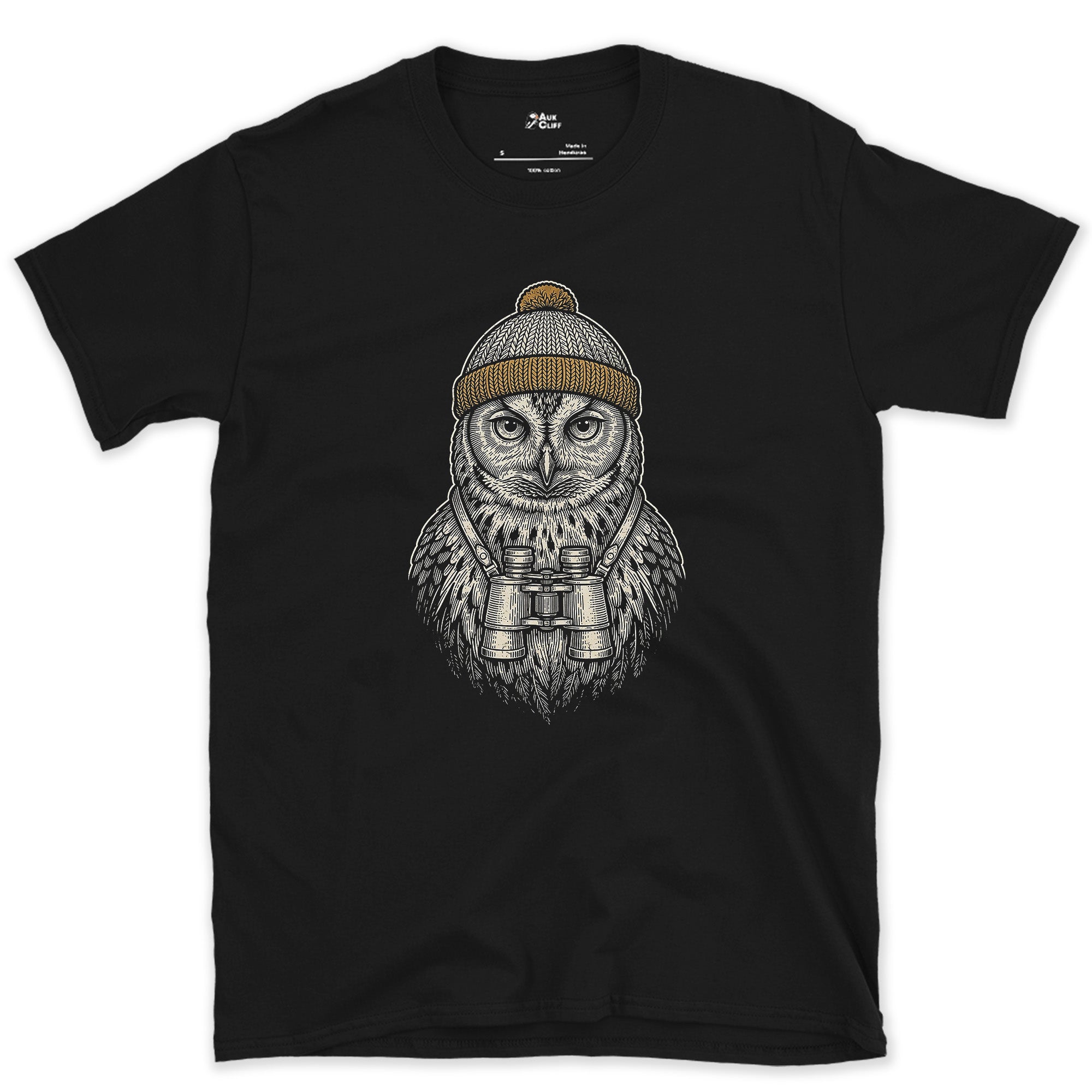 The Owl Doing Its Own Birdwatching, Straight Faced design on a Black Gildan Softstyle t-shirt