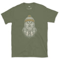 The Owl Doing Its Own Birdwatching, Straight Faced design on a Military Green Gildan Softstyle t-shirt