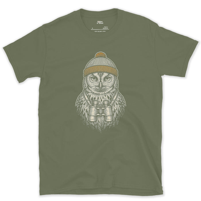 The Owl Doing Its Own Birdwatching, Straight Faced design on a Military Green Gildan Softstyle t-shirt